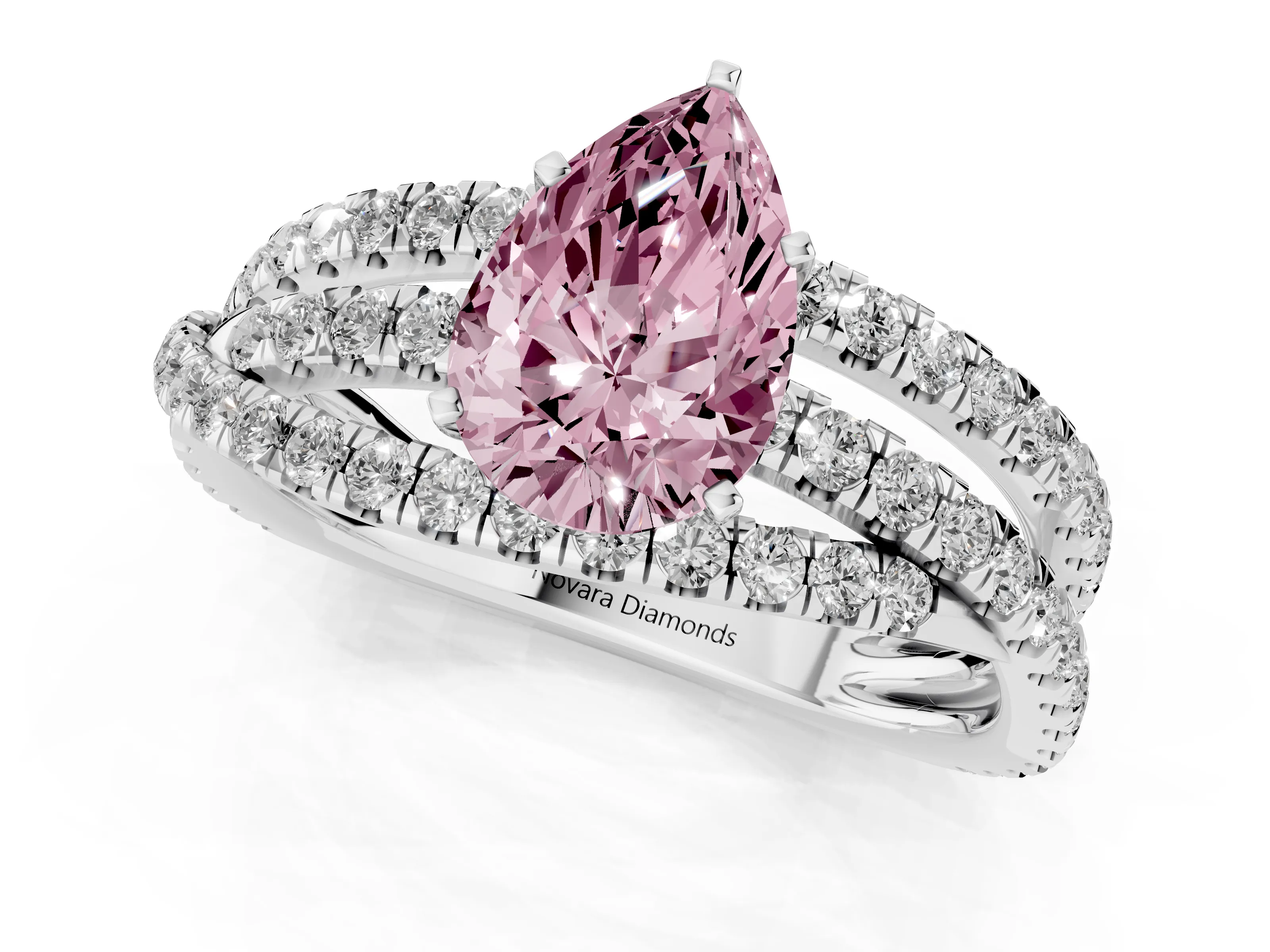 Fancy Pink Pear Cut Diamond Solitaire Twist Band Ring Set in Platinum with Pavé Setting and Prong Head