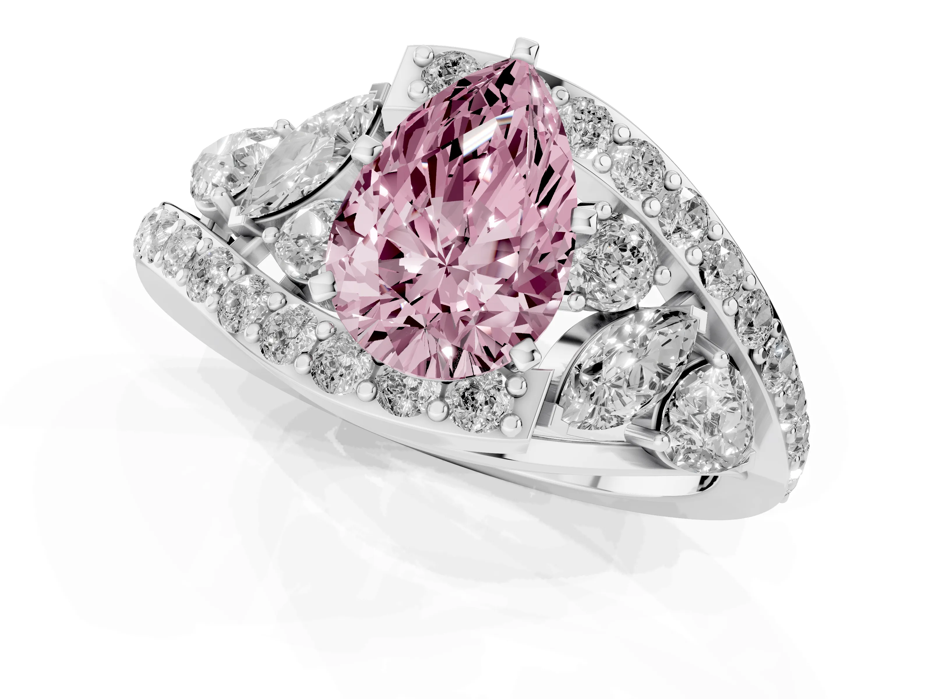 Fancy Pink Pear Cut Diamond Halo Ring Set in Platinum with Marquise and Pavé Band in Prong Setting