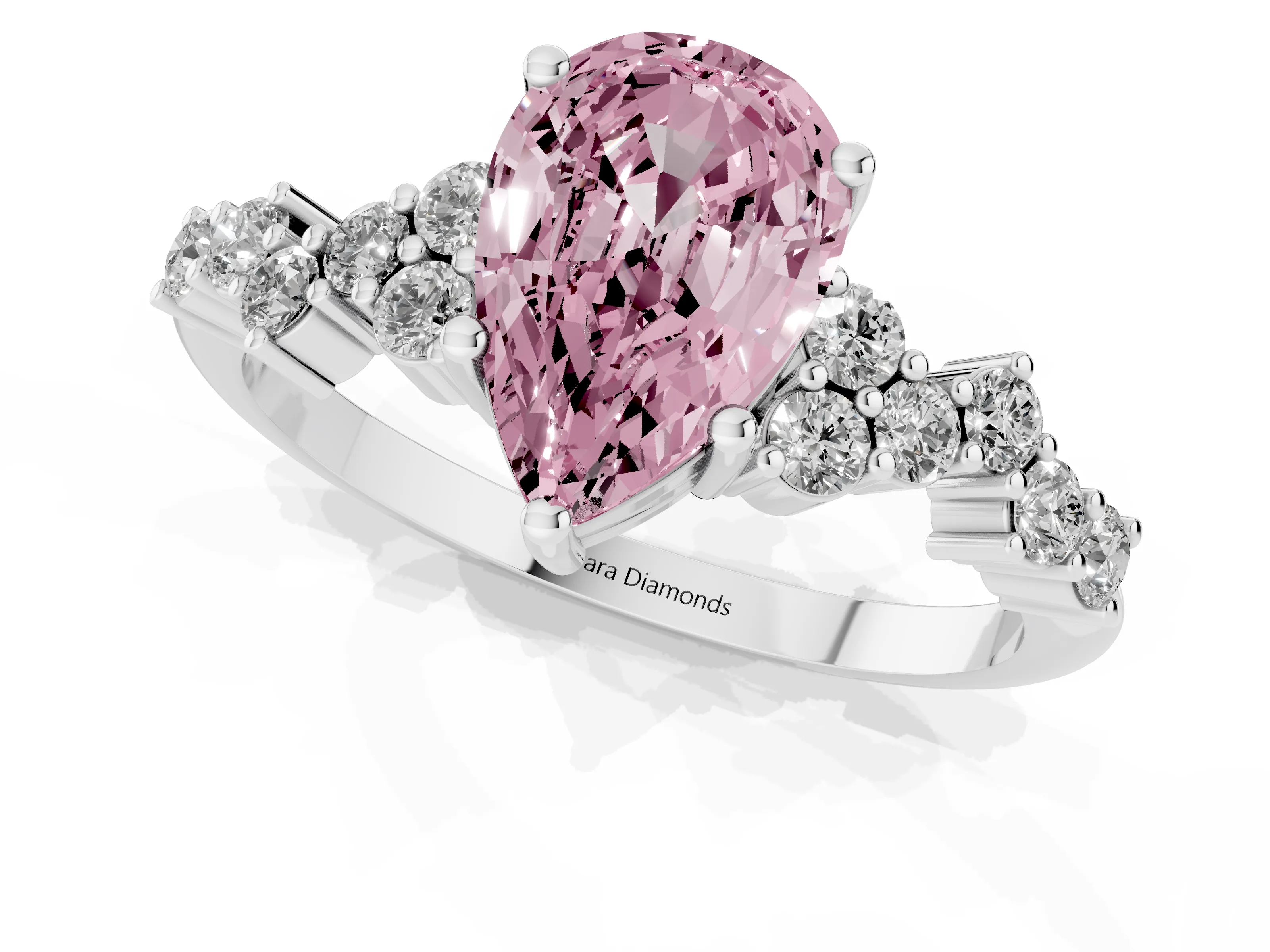 Fancy Pink Pear Cut Diamond Ring Set in Platinum with Scattered Round Accents