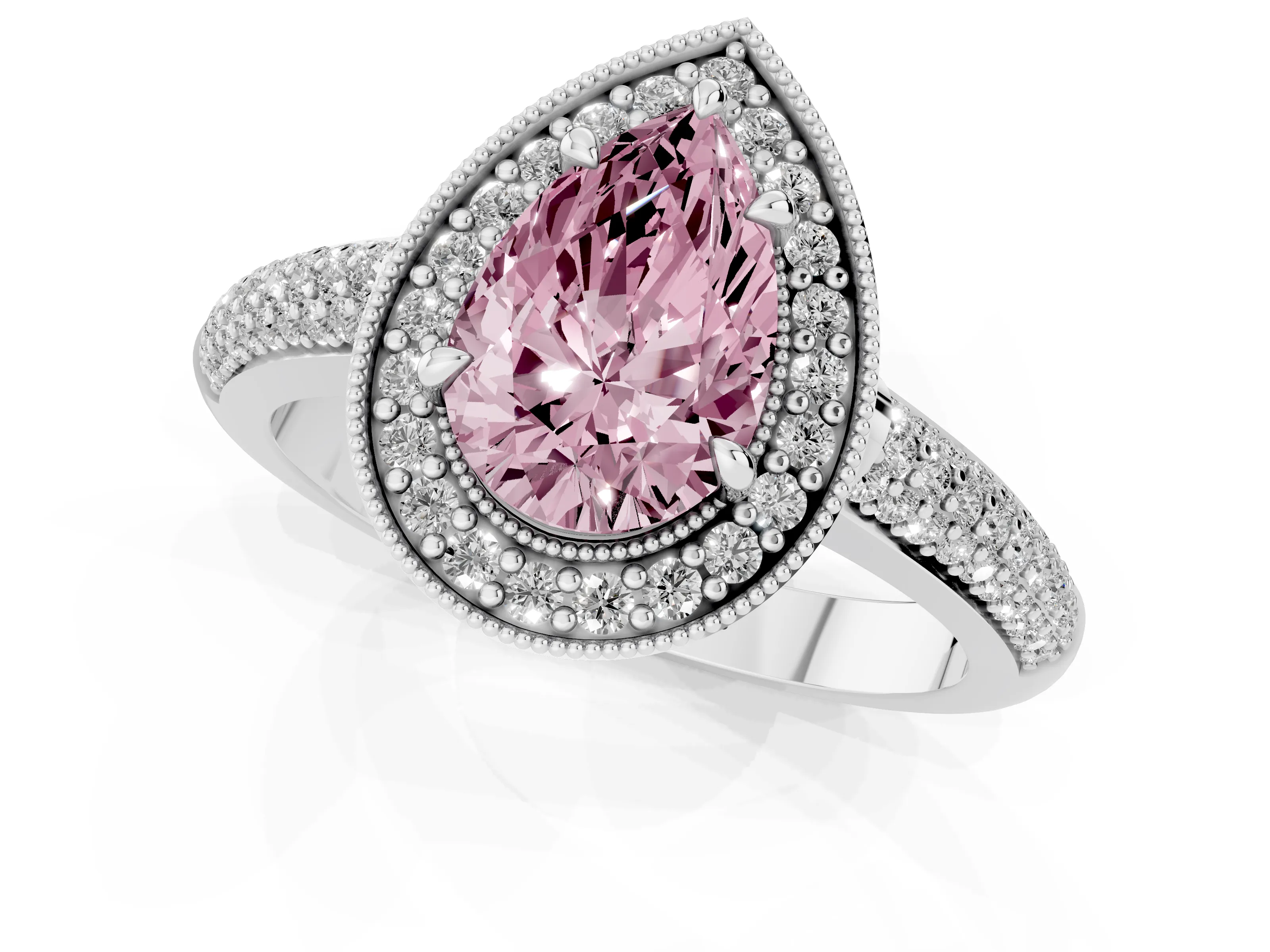 Fancy Pink Pear Cut Diamond Halo Pavé Band Set in White gold with Prong Setting