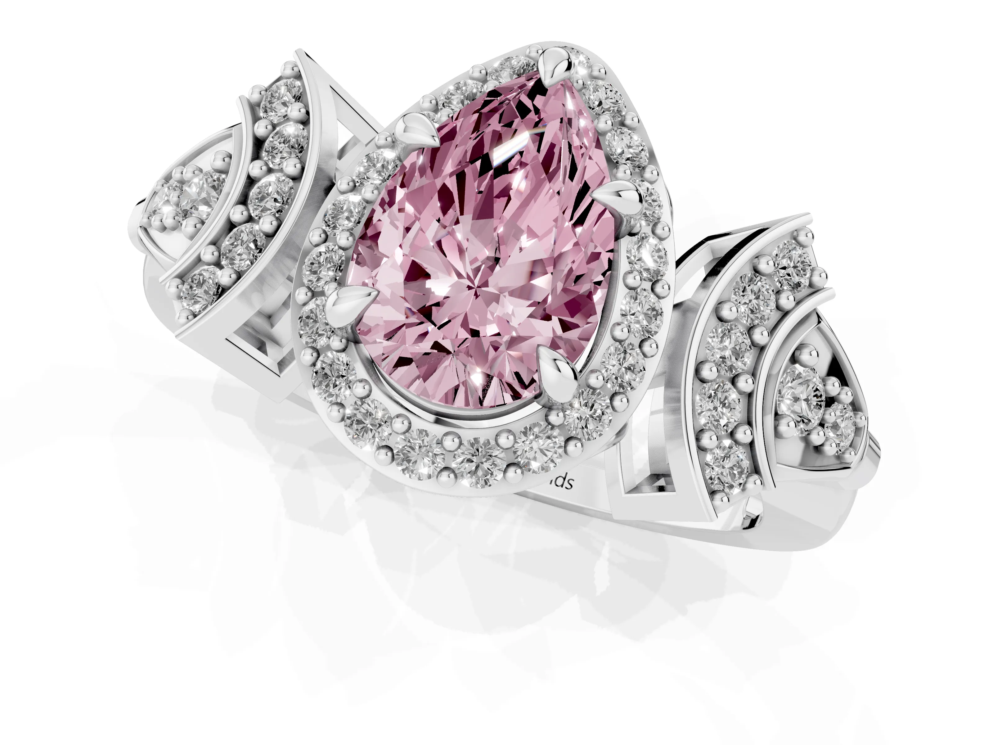 Fancy Pink Pear Cut Diamond Halo Engagement Ring Set in Silver with Accent Stone Split Shank