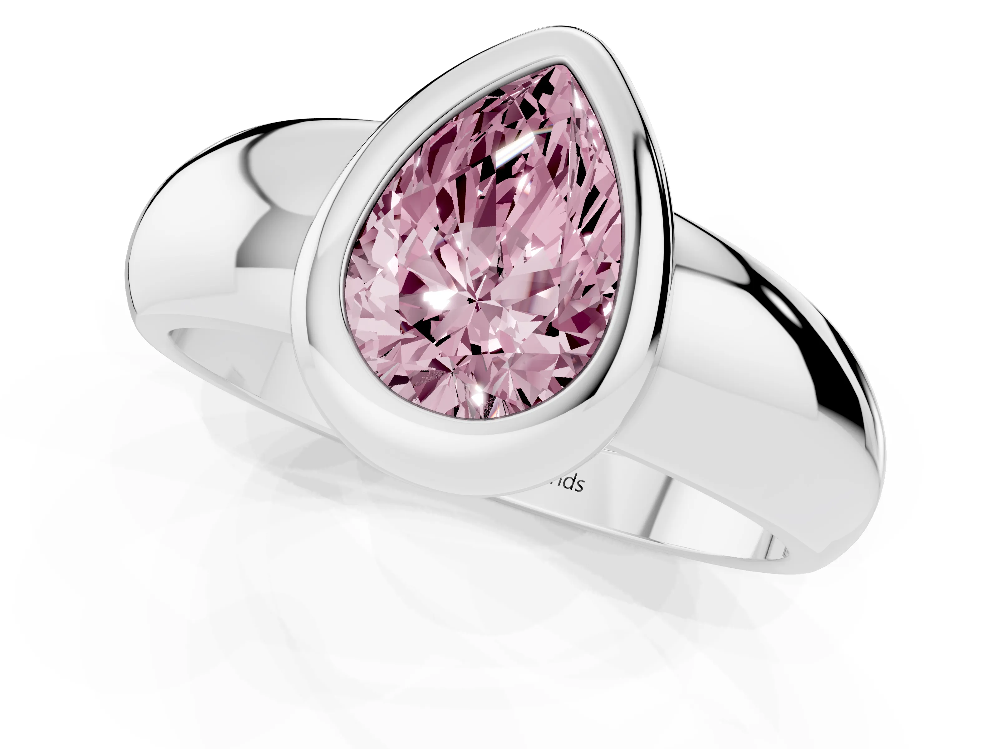 Fancy Pink Bezel Set Pear Cut Diamond Solitaire Ring Set in Platinum with Wide Band