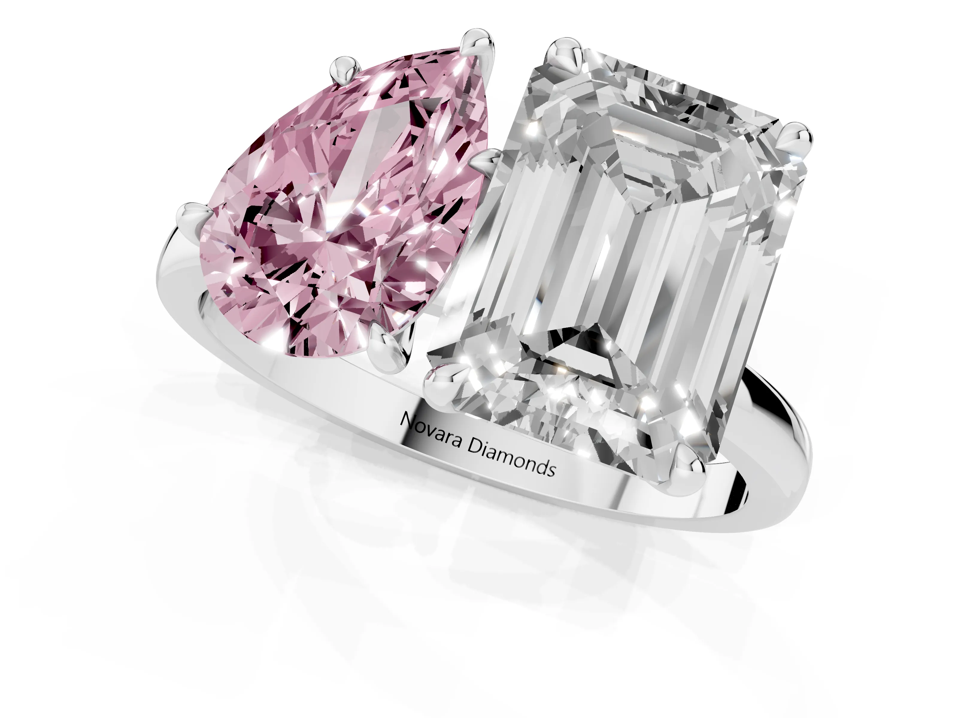 Fancy Pink Pear Cut and Emerald Cut Toi Moi Ring Set in White gold with Prong Setting
