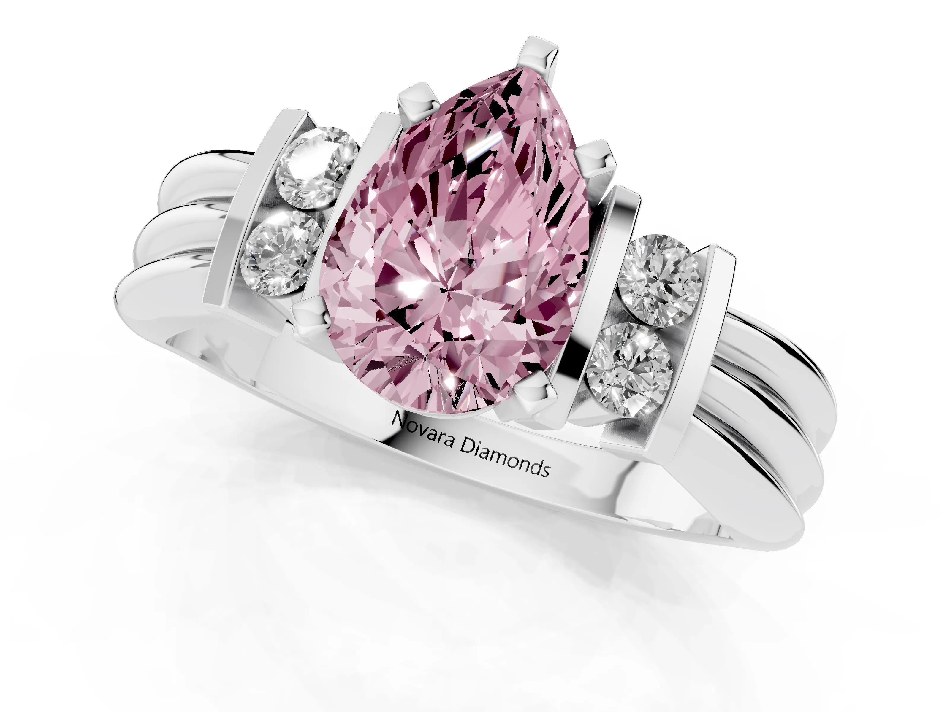 Fancy Pink Three-Stone Pear Cut Diamond Channel Set Ring Set in White gold with Bar Prongs