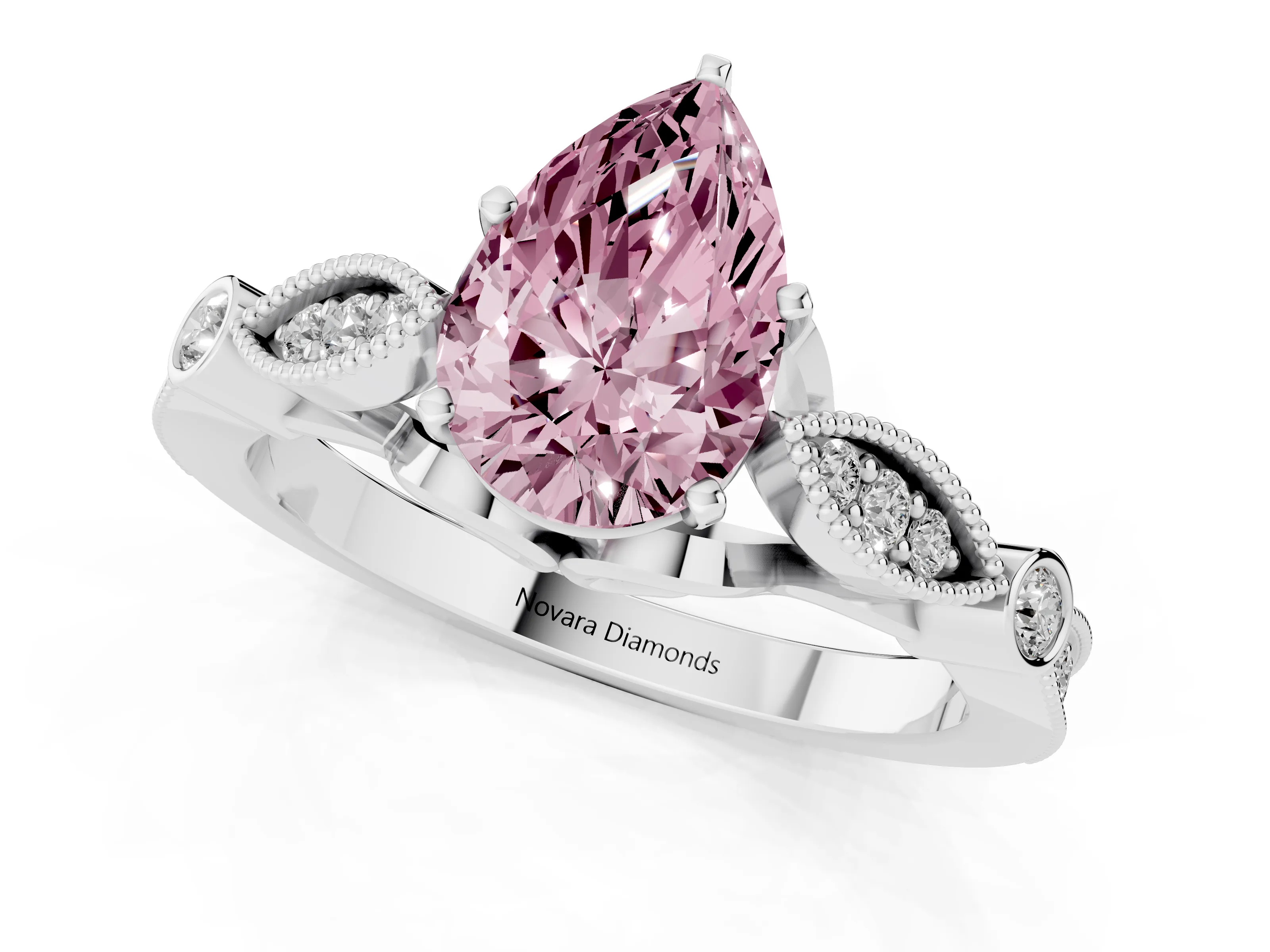 Fancy Pink Pear Cut Diamond Solitaire Ring Set in White gold with Milgrain Marquise and Bezel Accents
