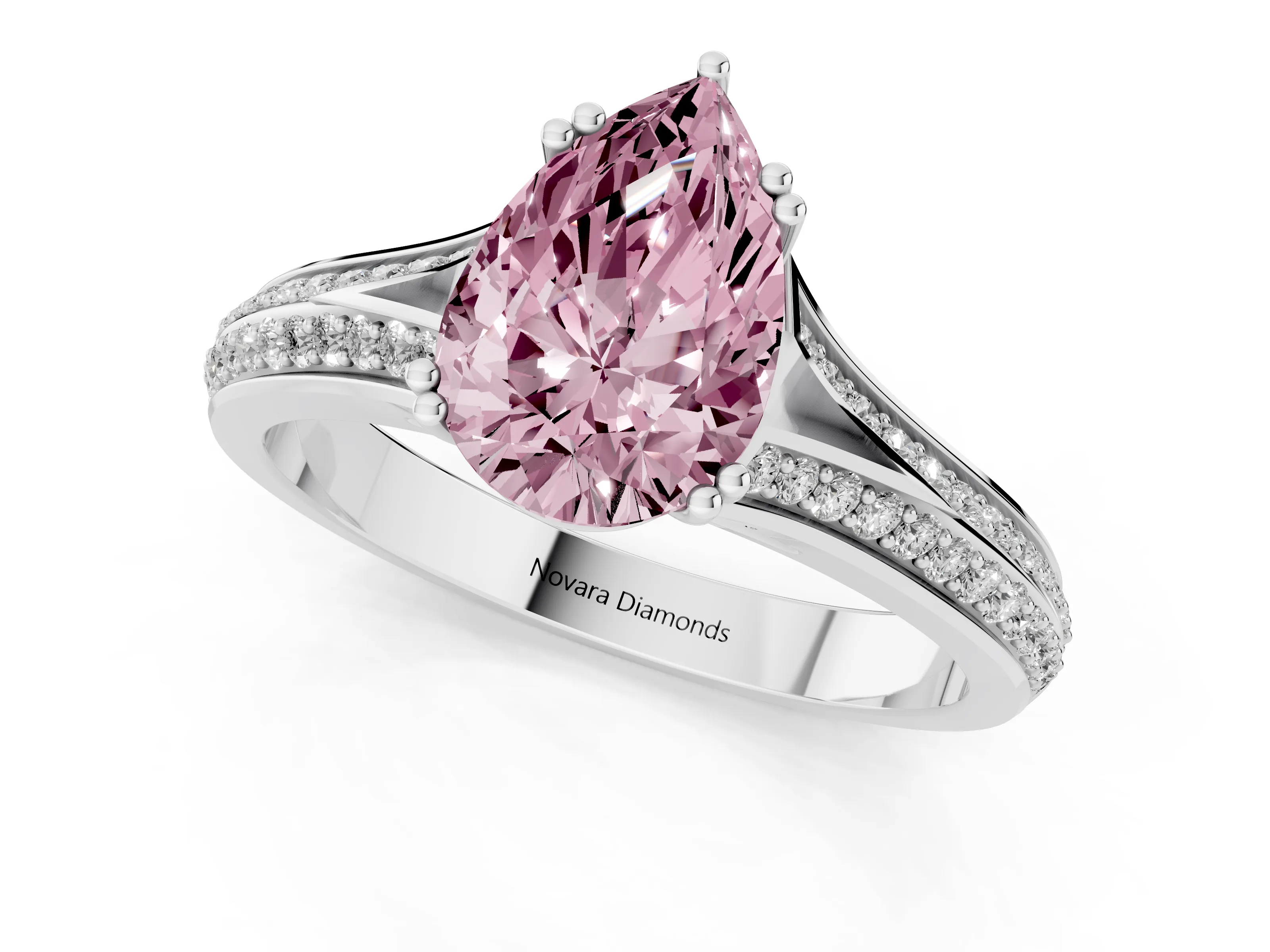 Fancy Pink Pear Cut Diamond Split Shank Pavé Engagement Ring Set in White gold with Prong-Set Center Stone
