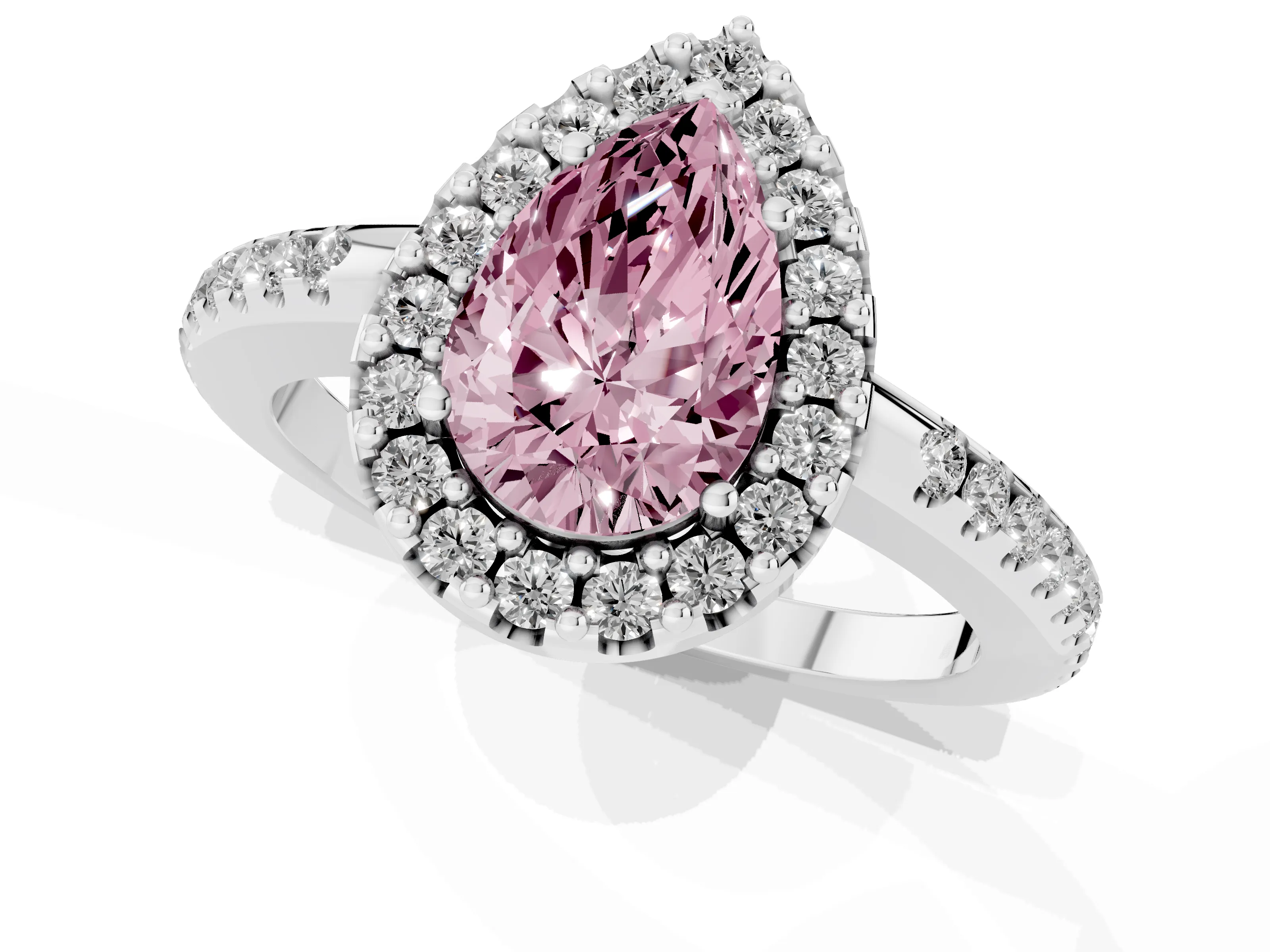 Fancy Pink Pear Cut Diamond Pavé Halo Ring Set in Silver with Prong Setting