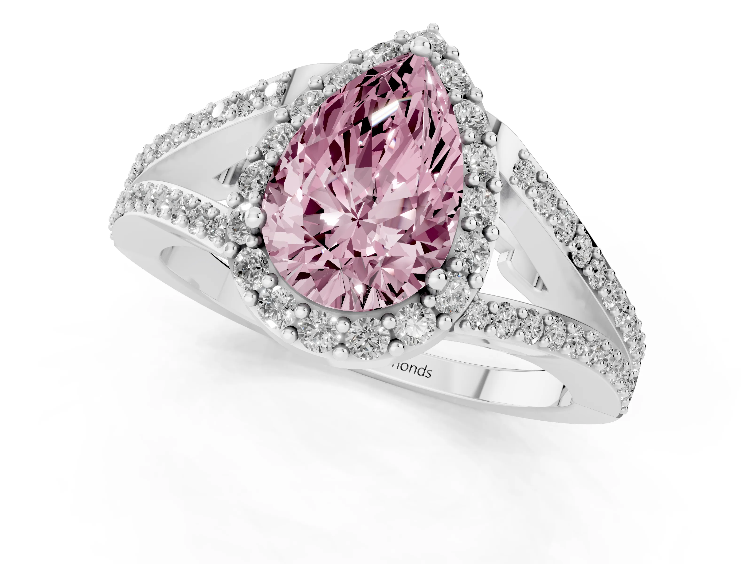 Fancy Pink Pear Cut Diamond Halo Split Shank Pavé Ring Set in Platinum with Prong Setting
