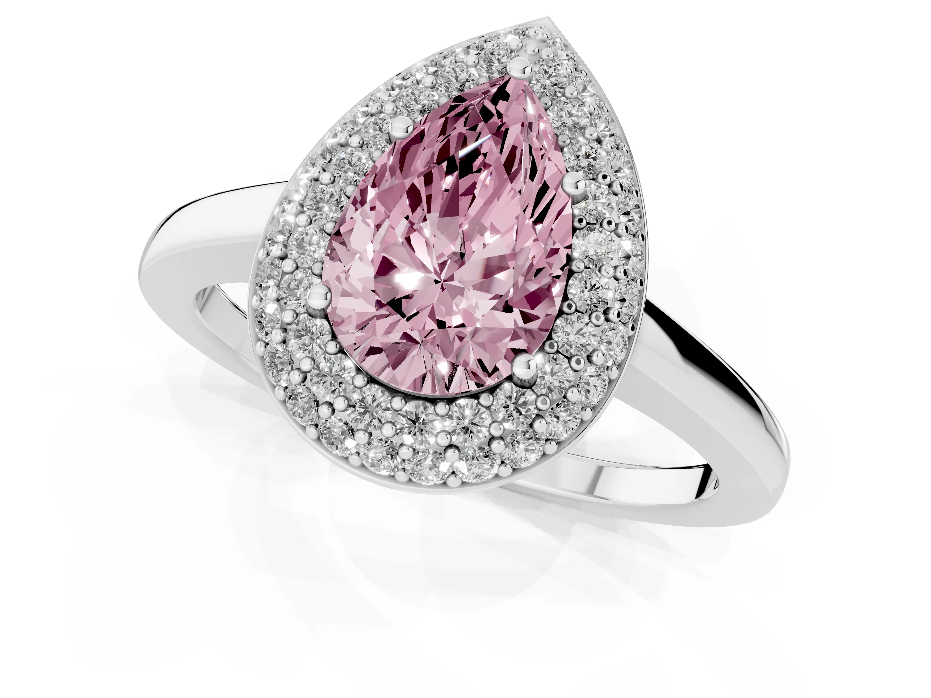 Fancy Pink Pear Cut Diamond Halo Engagement Ring Set in Silver with Solitaire Band and Prong Setting