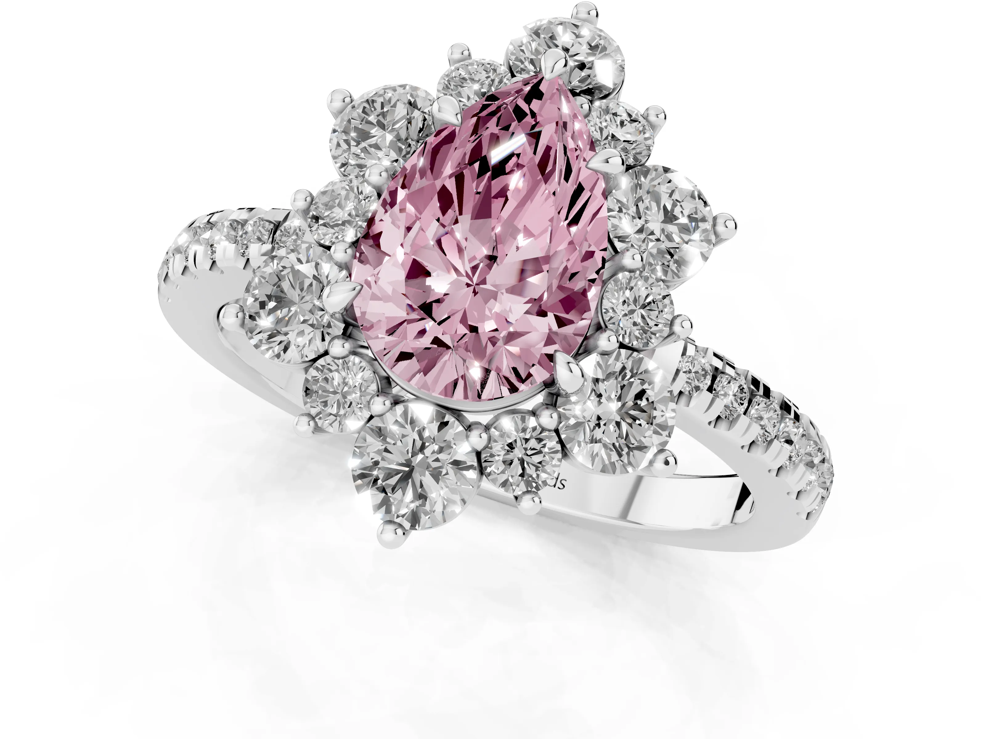Fancy Pink Pear Cut Diamond Floral Halo Ring Set in White gold with Round Pavé Band and Prong Setting