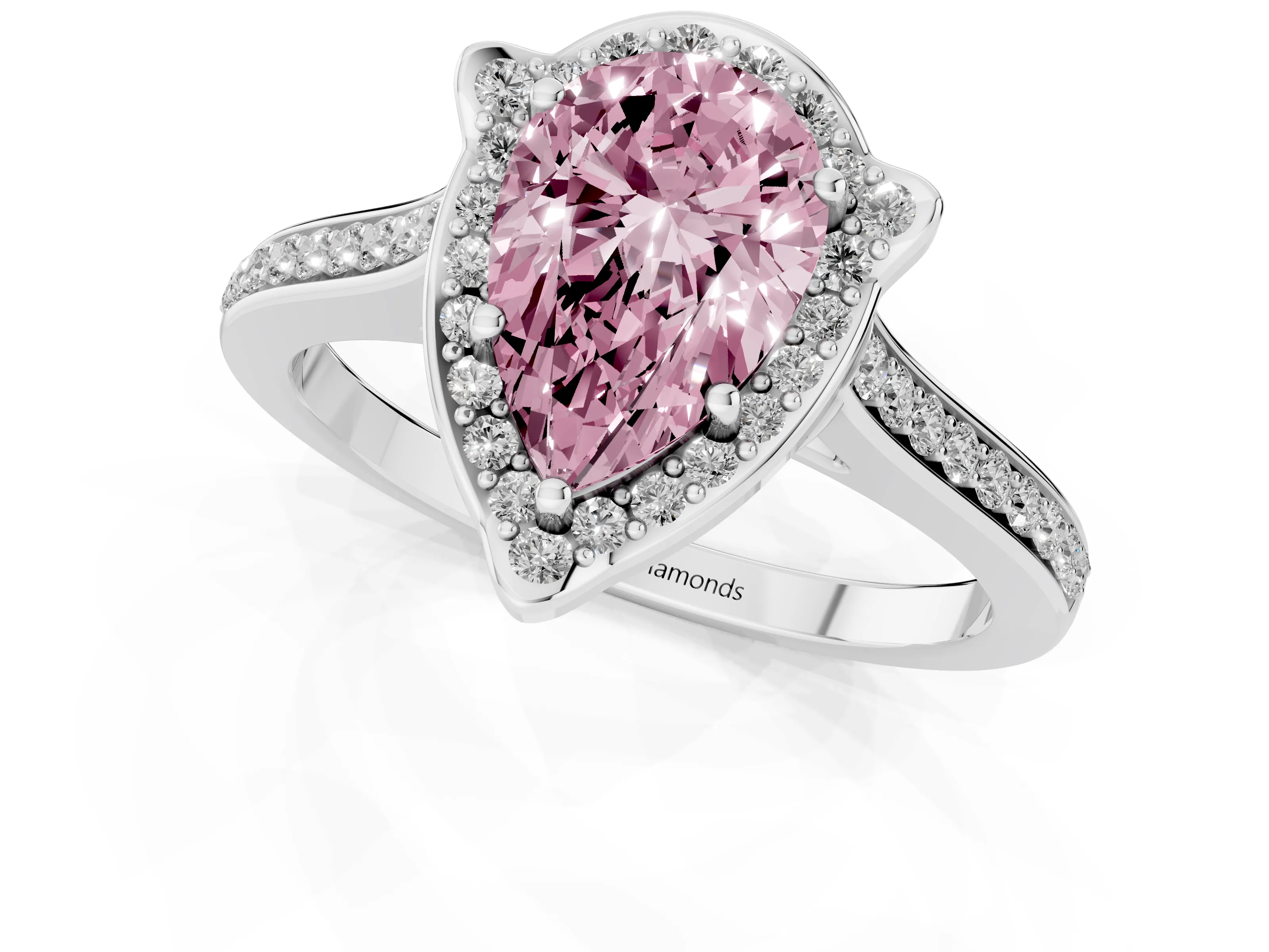 Fancy Pink Pear Cut Diamond Halo Ring Set in White gold with Pavé-Lined Shoulders and Prong Setting