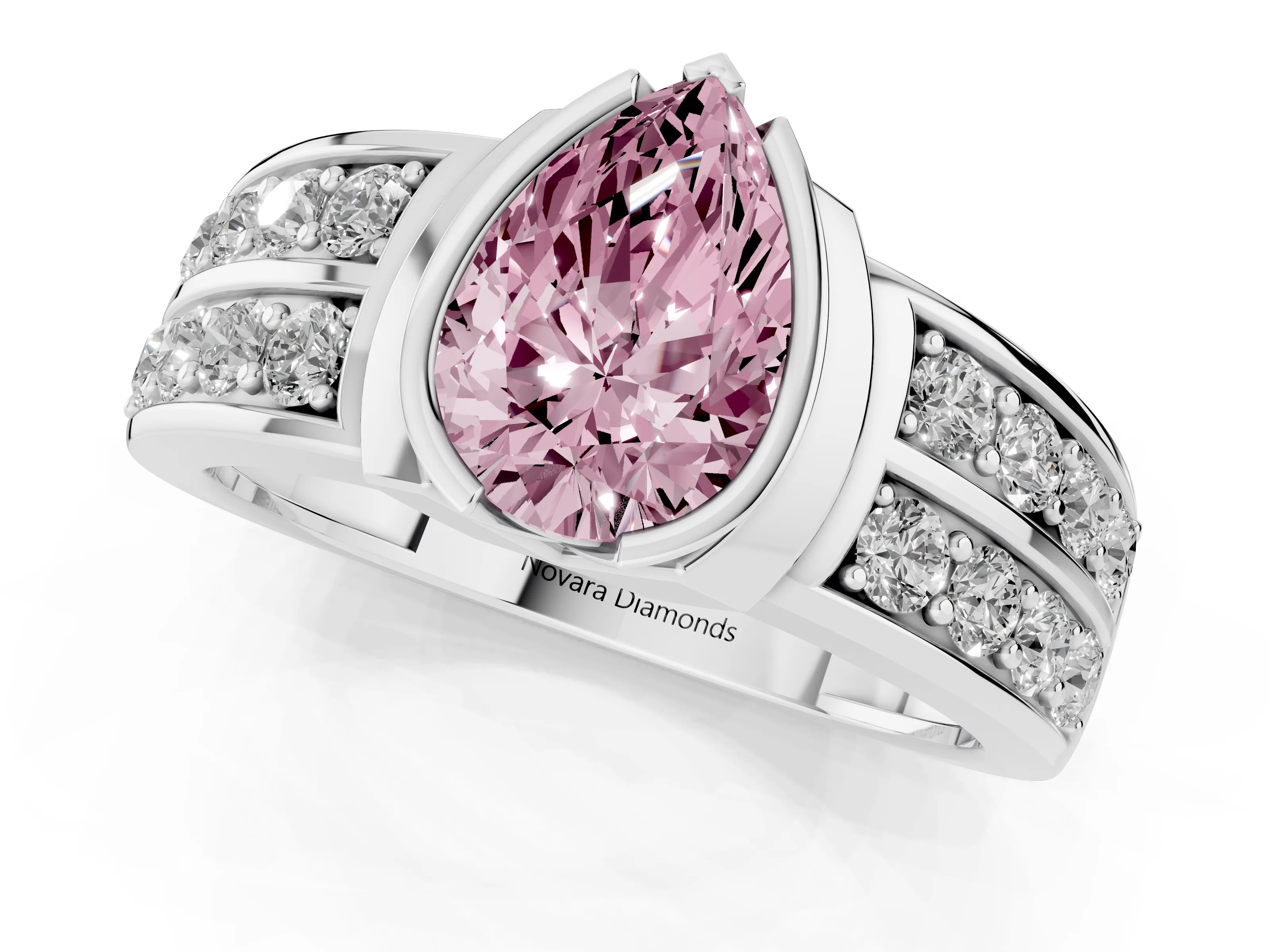 Fancy Pink Pear Cut Diamond Wide Channel Set Band Ring Set in Silver with Bezel Setting