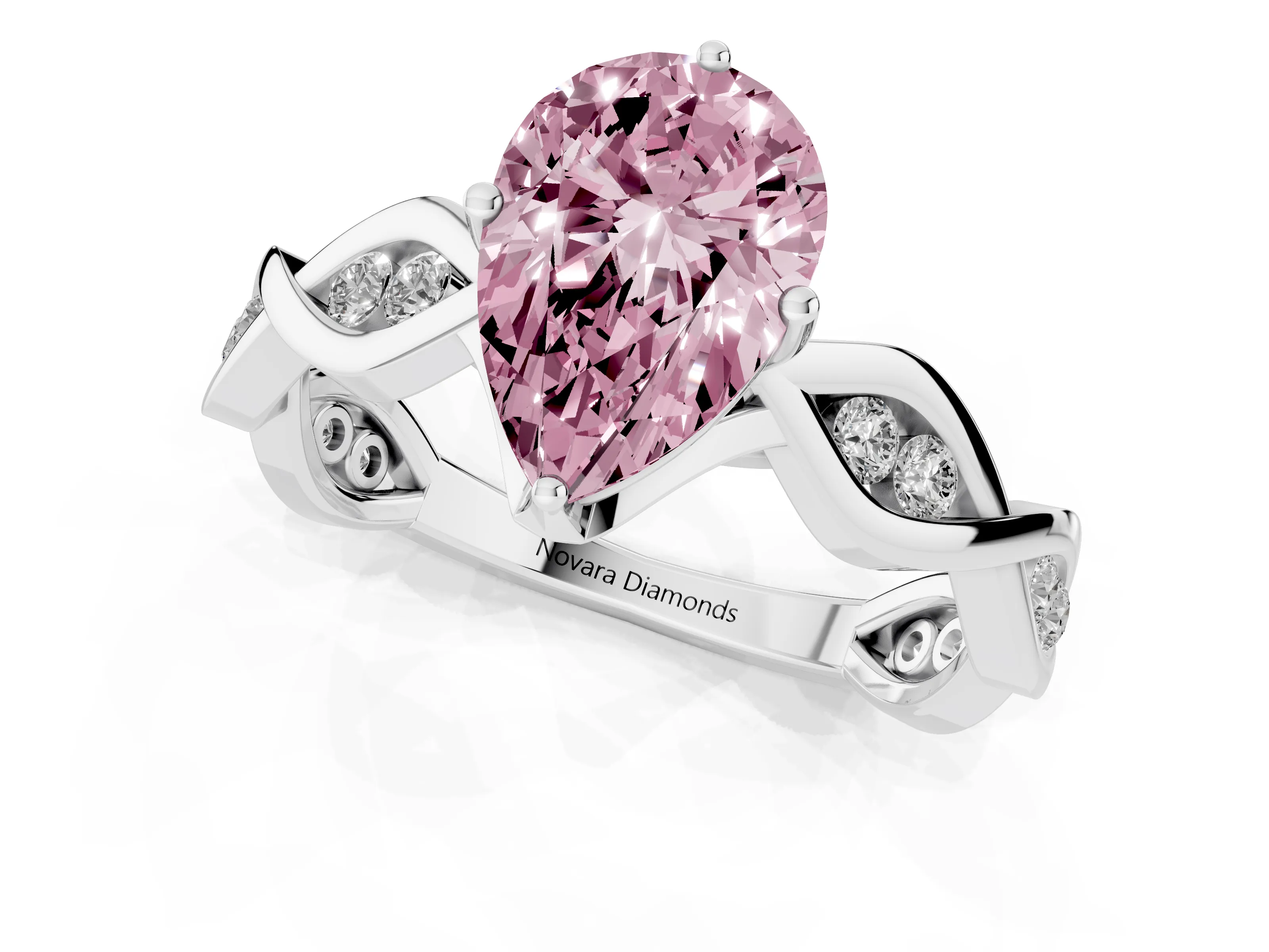 Fancy Pink Pear Cut Diamond Twist Band Solitaire Ring Set in Platinum with Leaf Prong Setting and Accent Stones