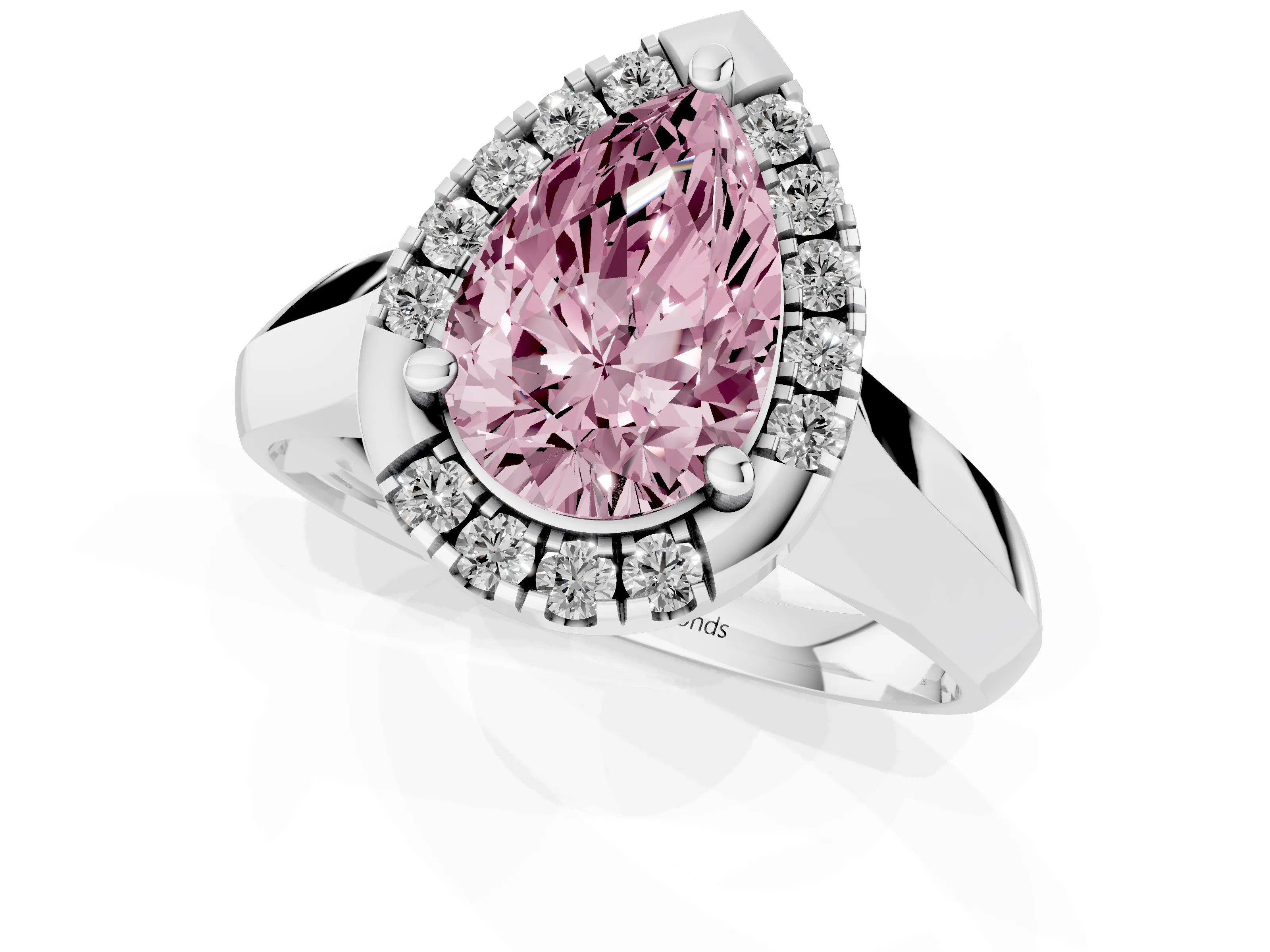 Fancy Pink Pear Cut Diamond Halo Solitaire Engagement Ring Set in Platinum with Square Band and Prong Setting