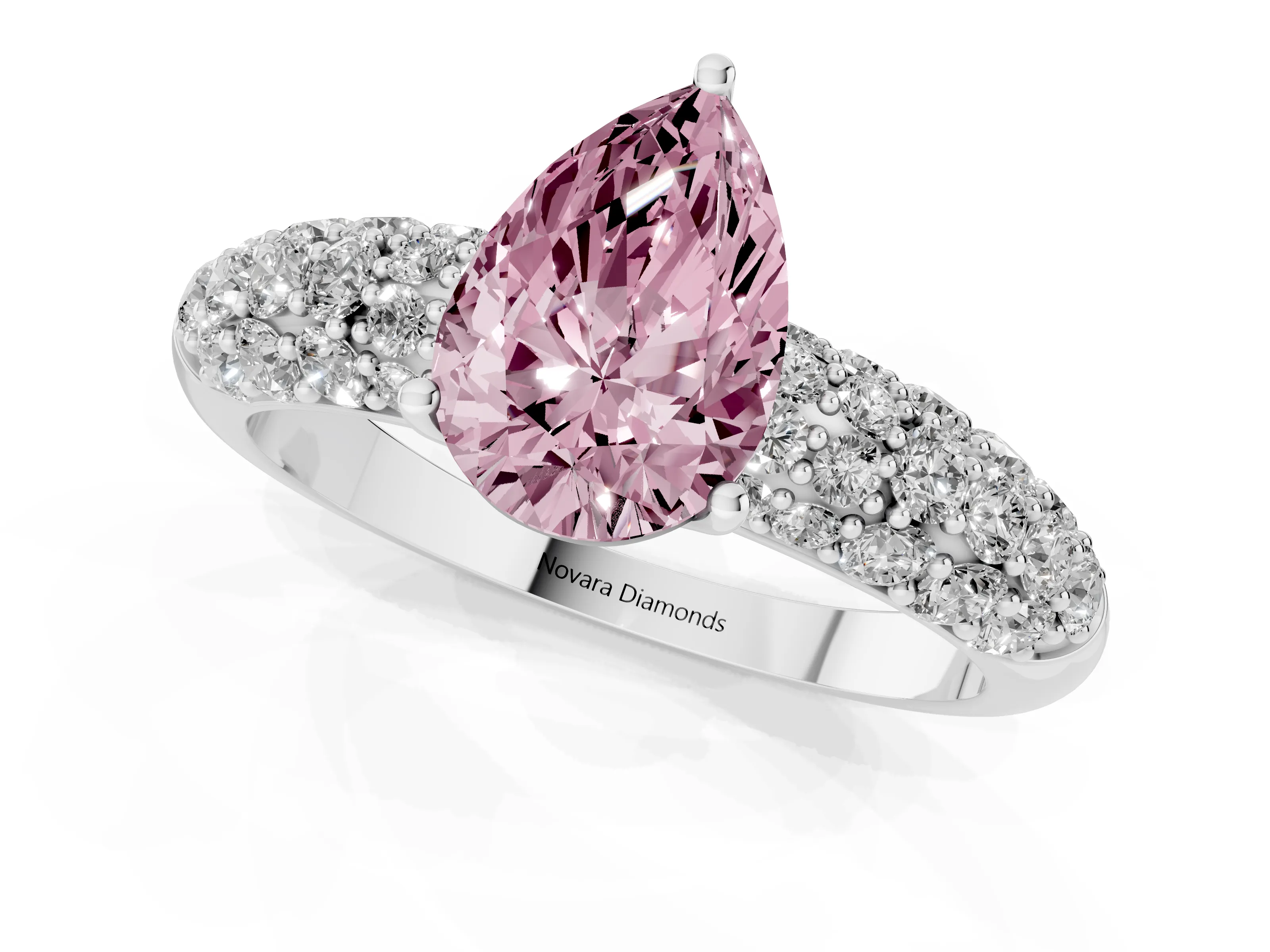 Fancy Pink Pear Cut Diamond Pavé Band Solitaire Ring Set in White gold with Close-Set Accent Stones and Prong Setting