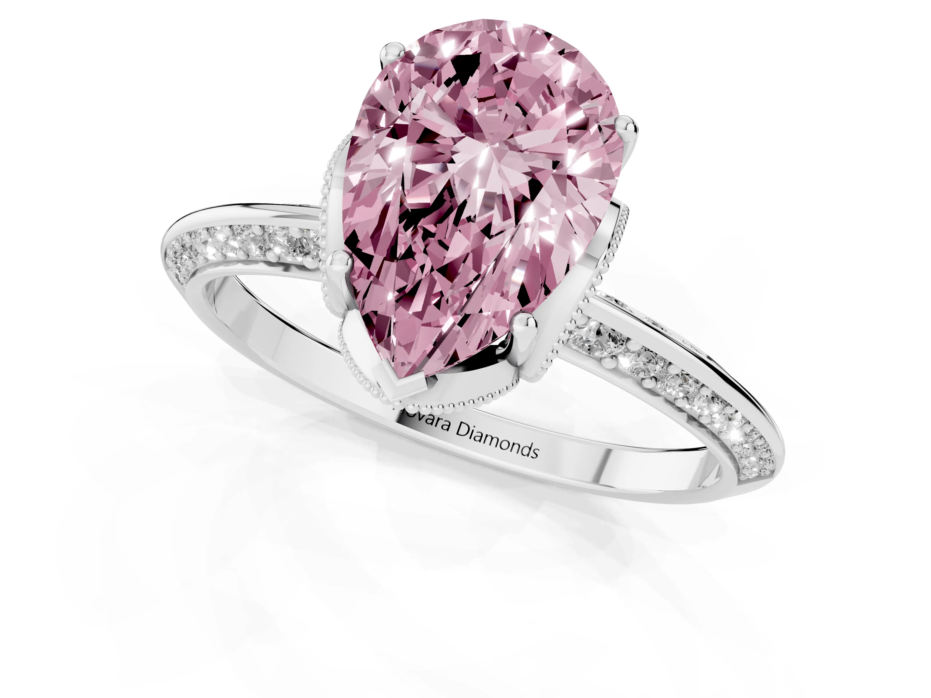 Fancy Pink Pear Cut Diamond Solitaire Engagement Ring Set in Platinum with Pavé Split Shank and Prong Setting