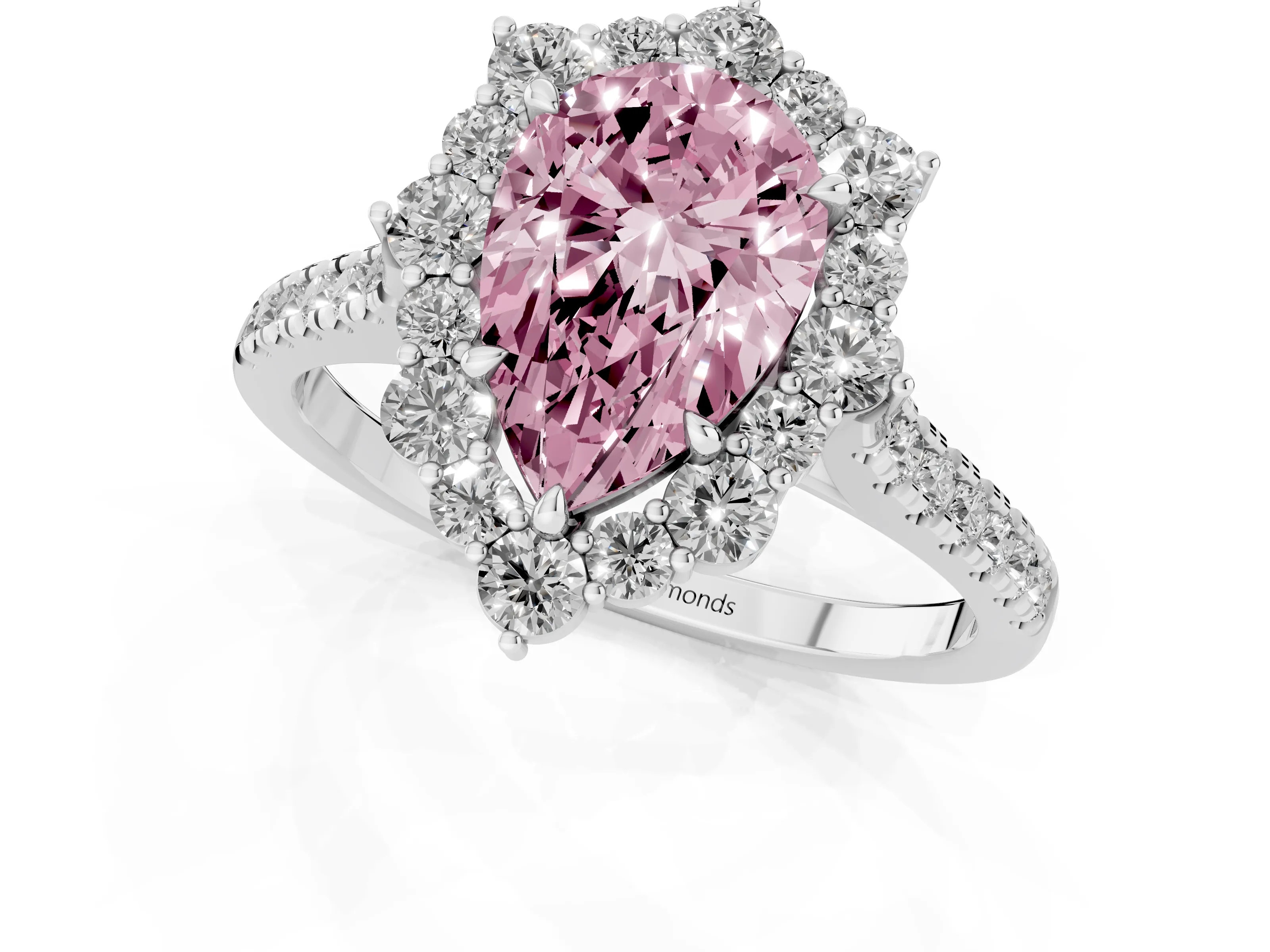 Fancy Pink Pear Cut Diamond Halo Ring Set in White gold with Pavé Band and Prong Setting