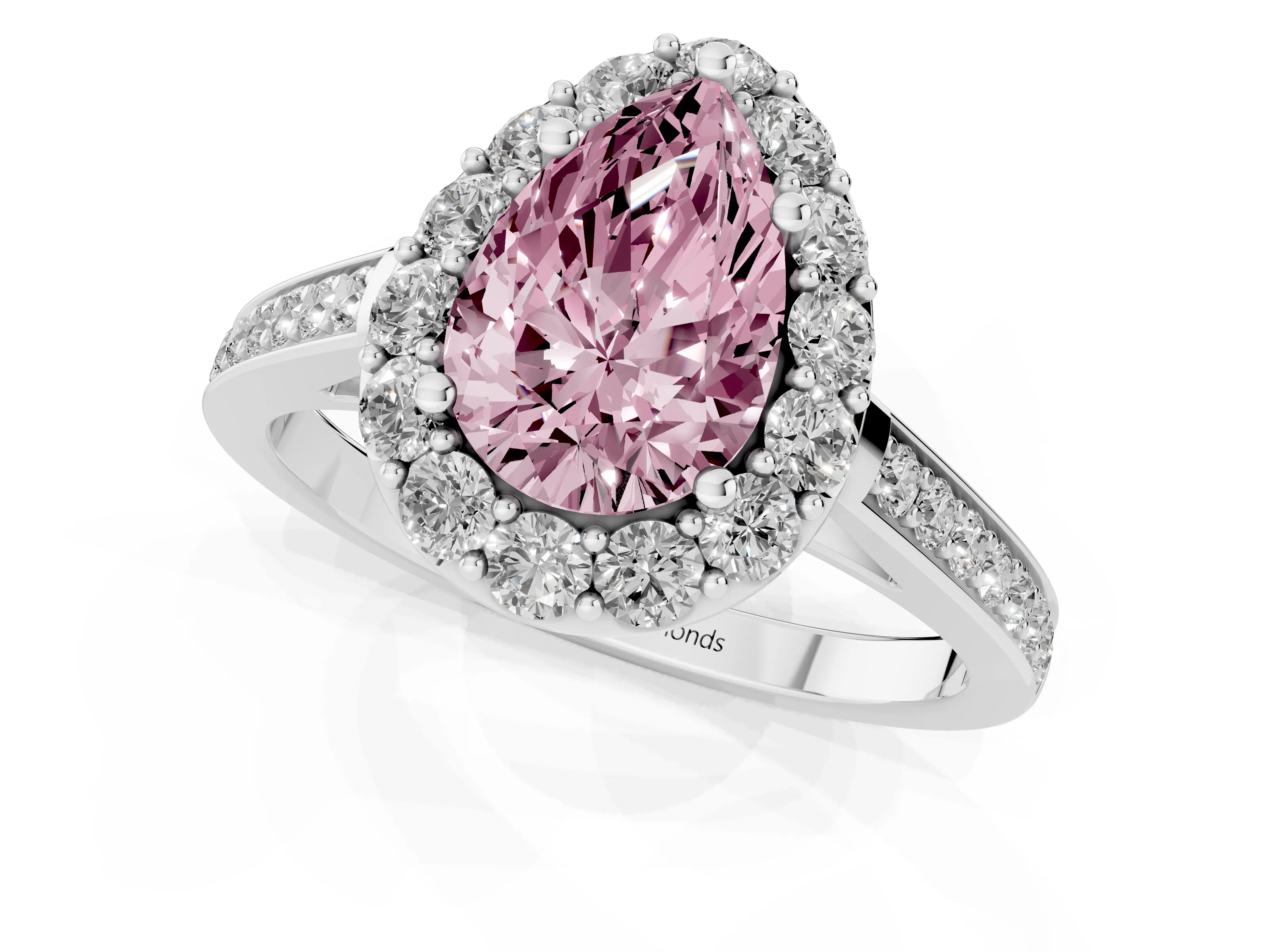 Fancy Pink Pear Cut Diamond Floral Halo Ring Set in Platinum with Pavé Band and Prong Setting