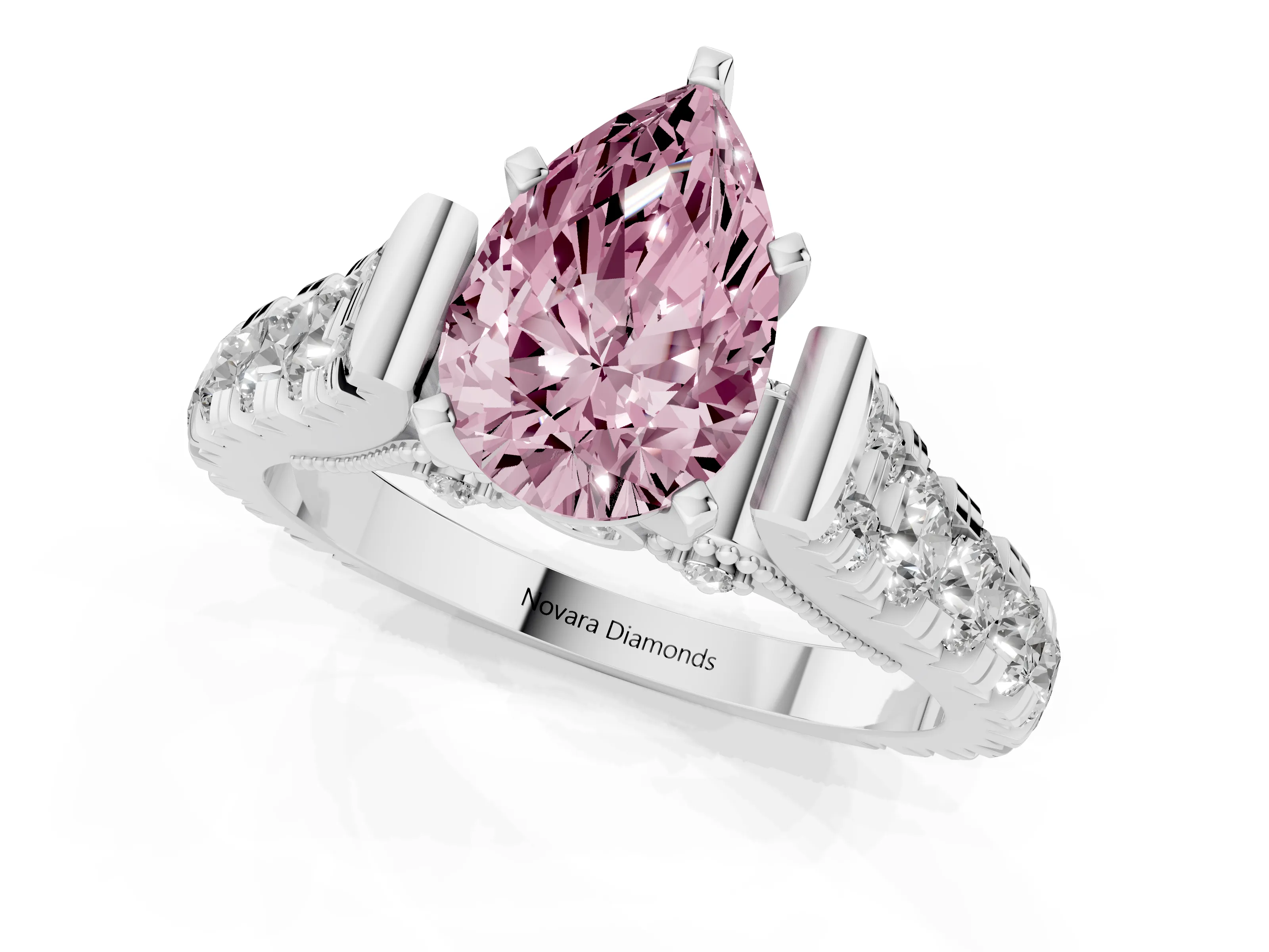 Fancy Pink Pear Cut Diamond Classic Solitaire Ring Set in Platinum with Pavé Band and Prong Setting