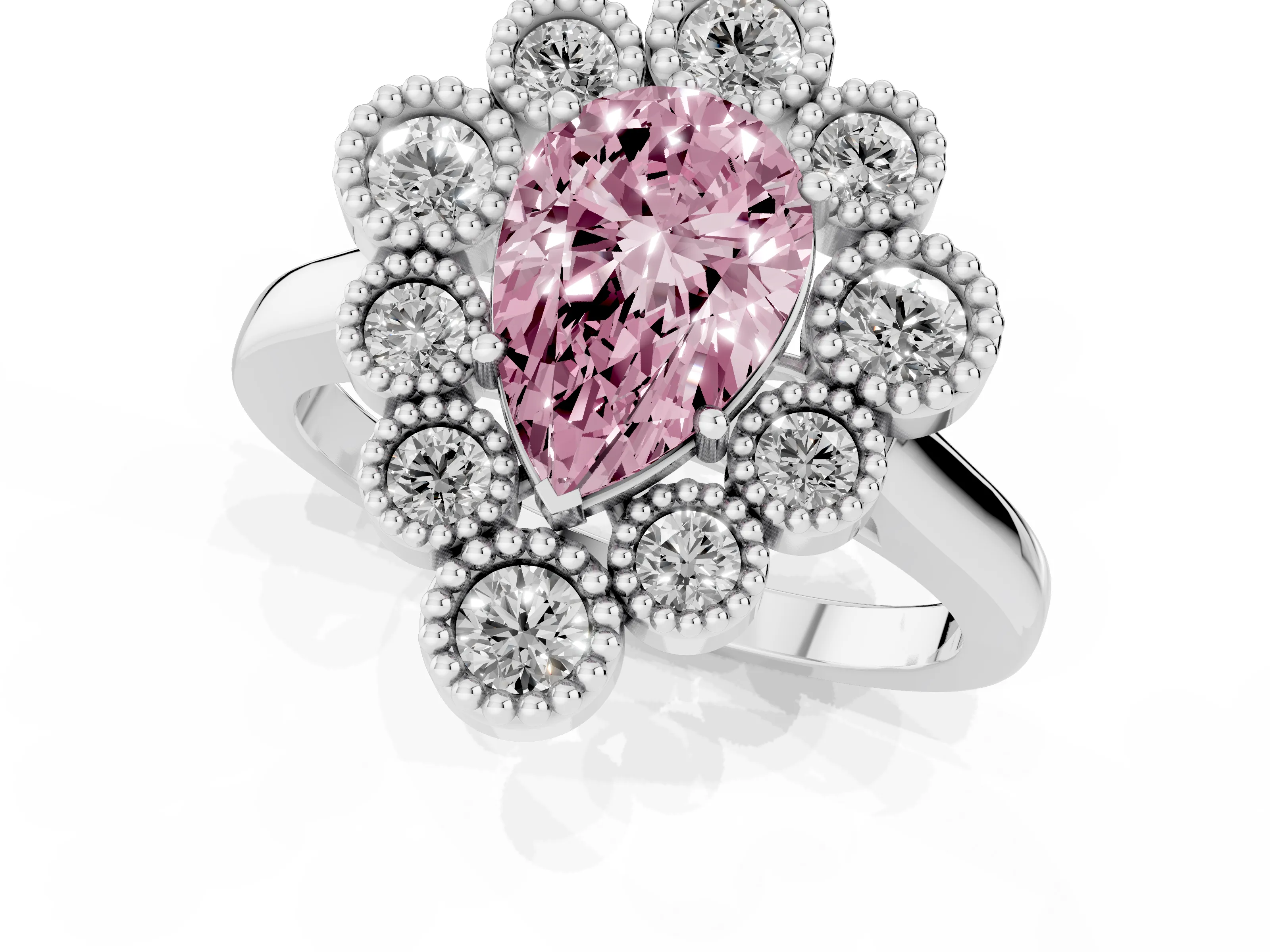 Fancy Pink Pear Cut Diamond Cluster Halo Ring Set in White gold with Milgrain Bezel Accents and Plain Band