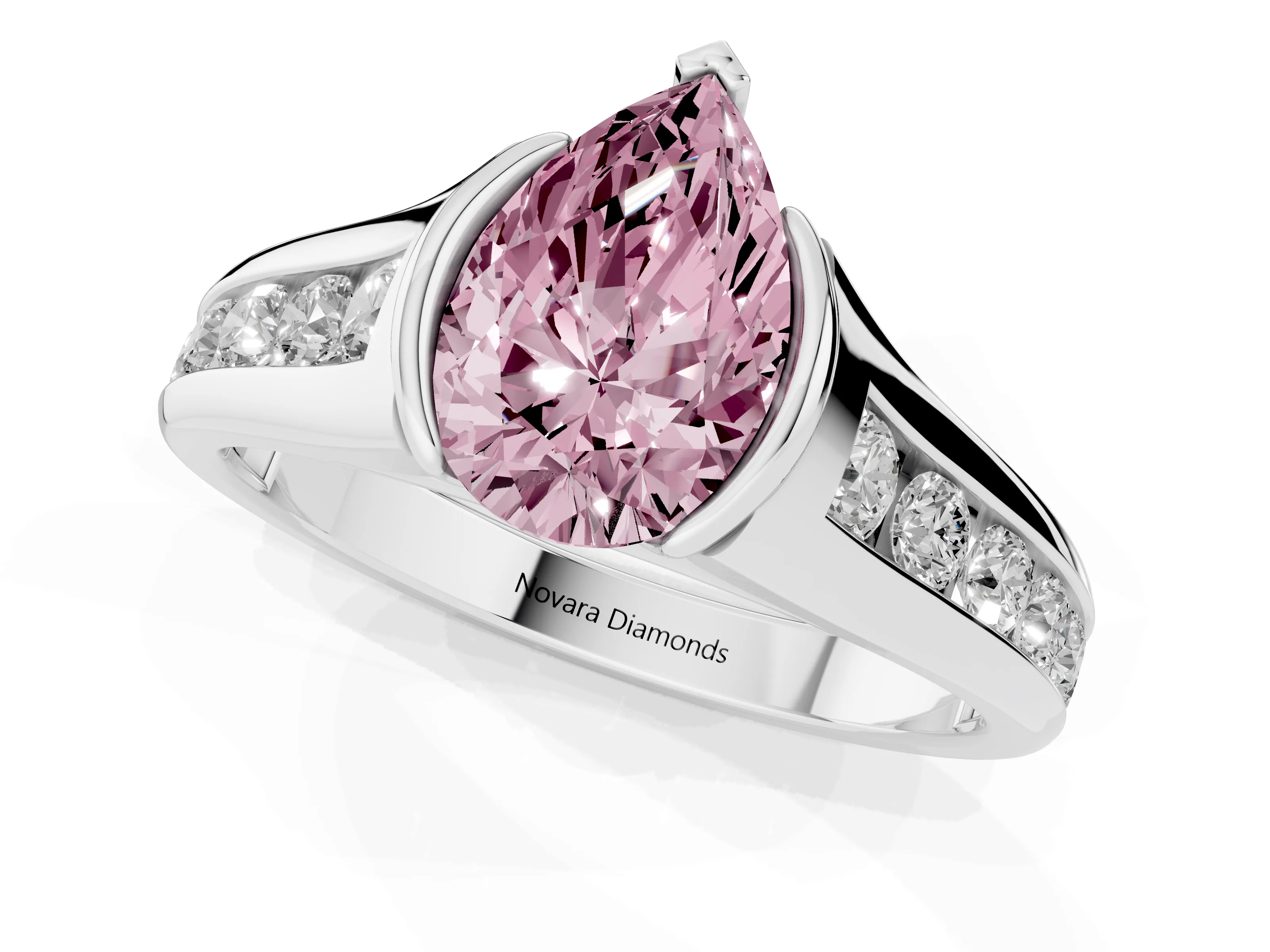 Fancy Pink Pear Cut Diamond Bezel-Set Solitaire Ring Set in Silver with Channel-Set Band