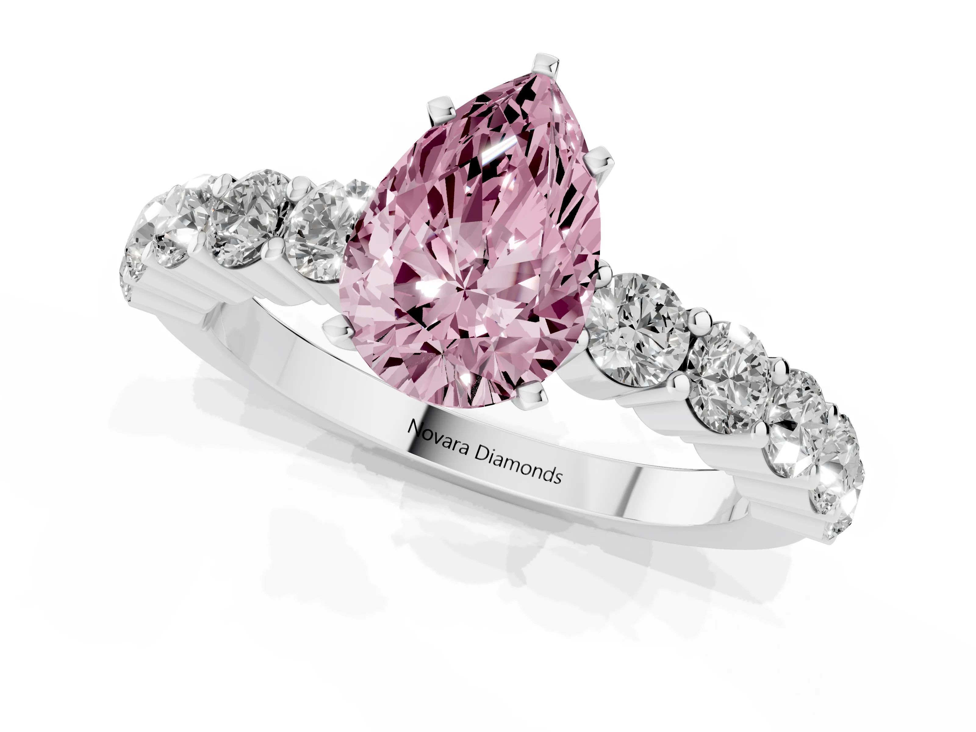 Fancy Pink Pear Cut Diamond Solitaire Ring Set in Silver with Shared Prong Round Side Stones