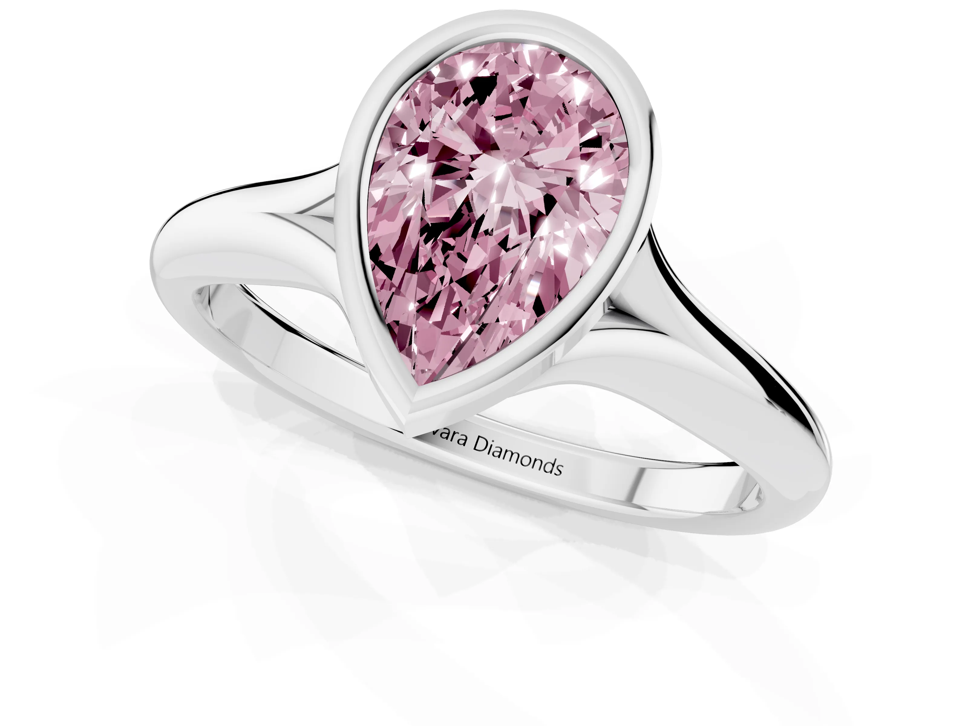 Fancy Pink Bezel Set Pear Cut Diamond Solitaire Ring Set in Silver with Smooth Band