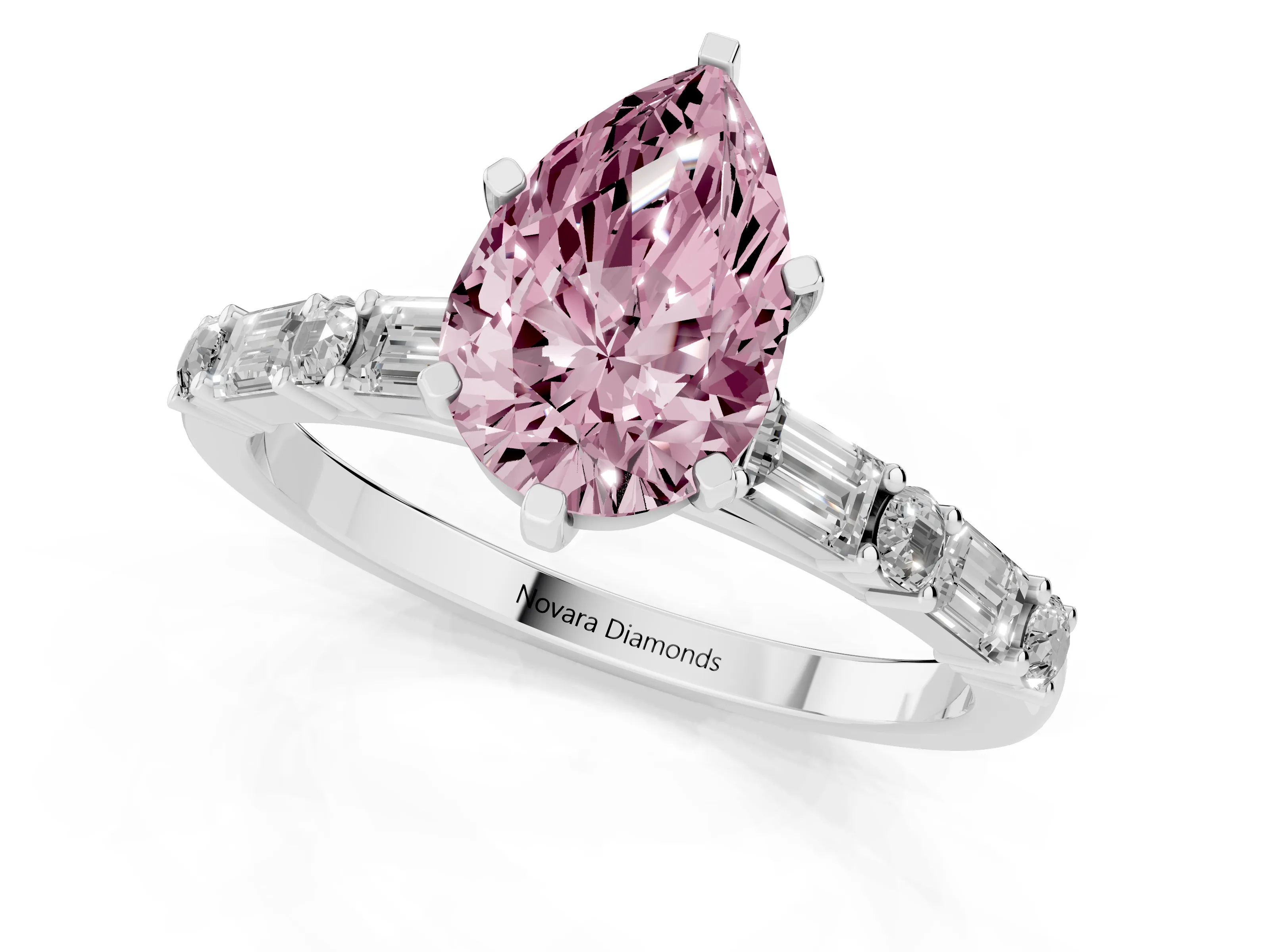 Fancy Pink Pear Cut Diamond Solitaire Set in White gold with Side Baguettes and Channel Set Band