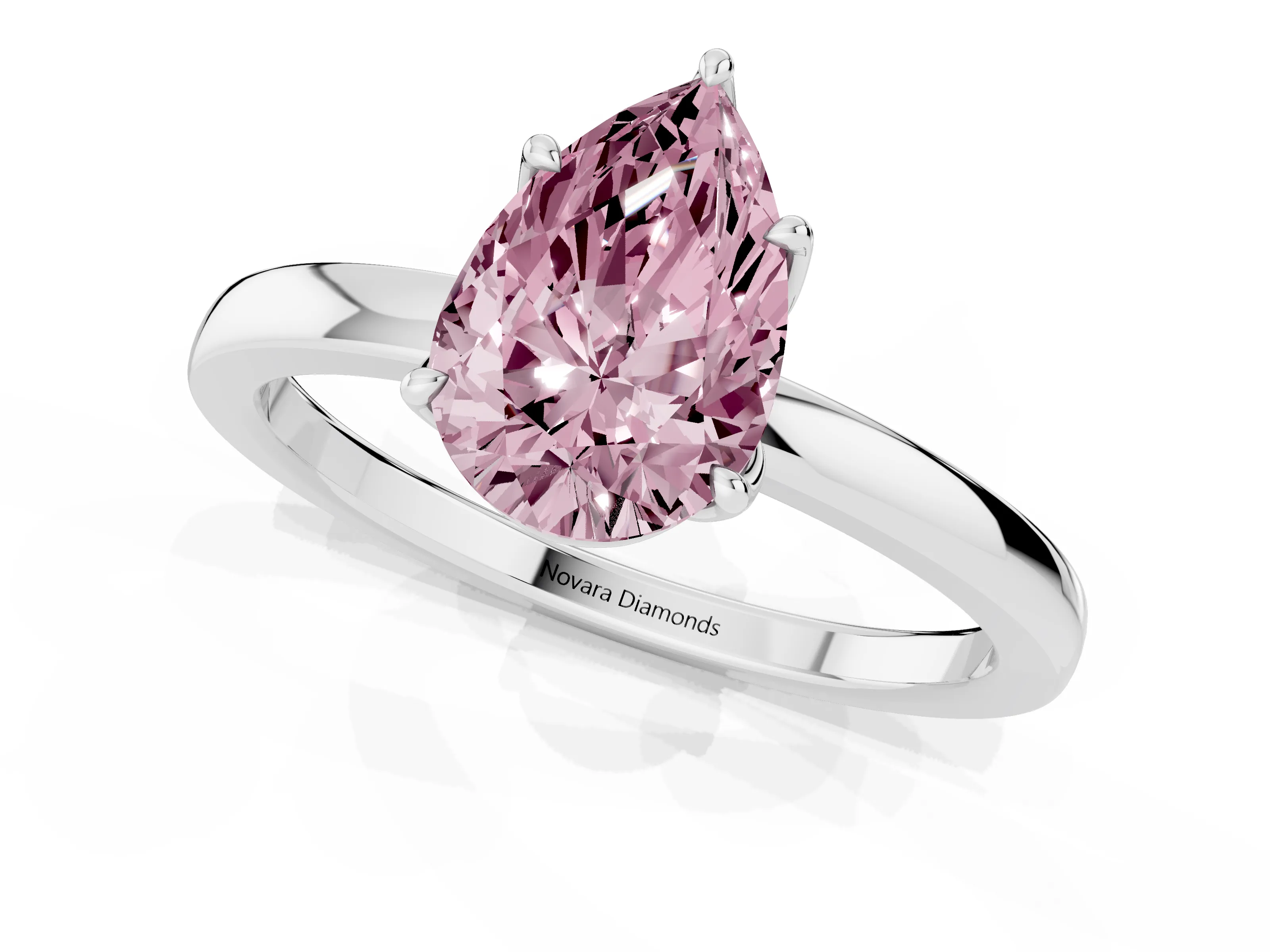 Fancy Pink Pear Cut Diamond Solitaire Ring Set in Platinum with Prong Setting and Thin Polished Band