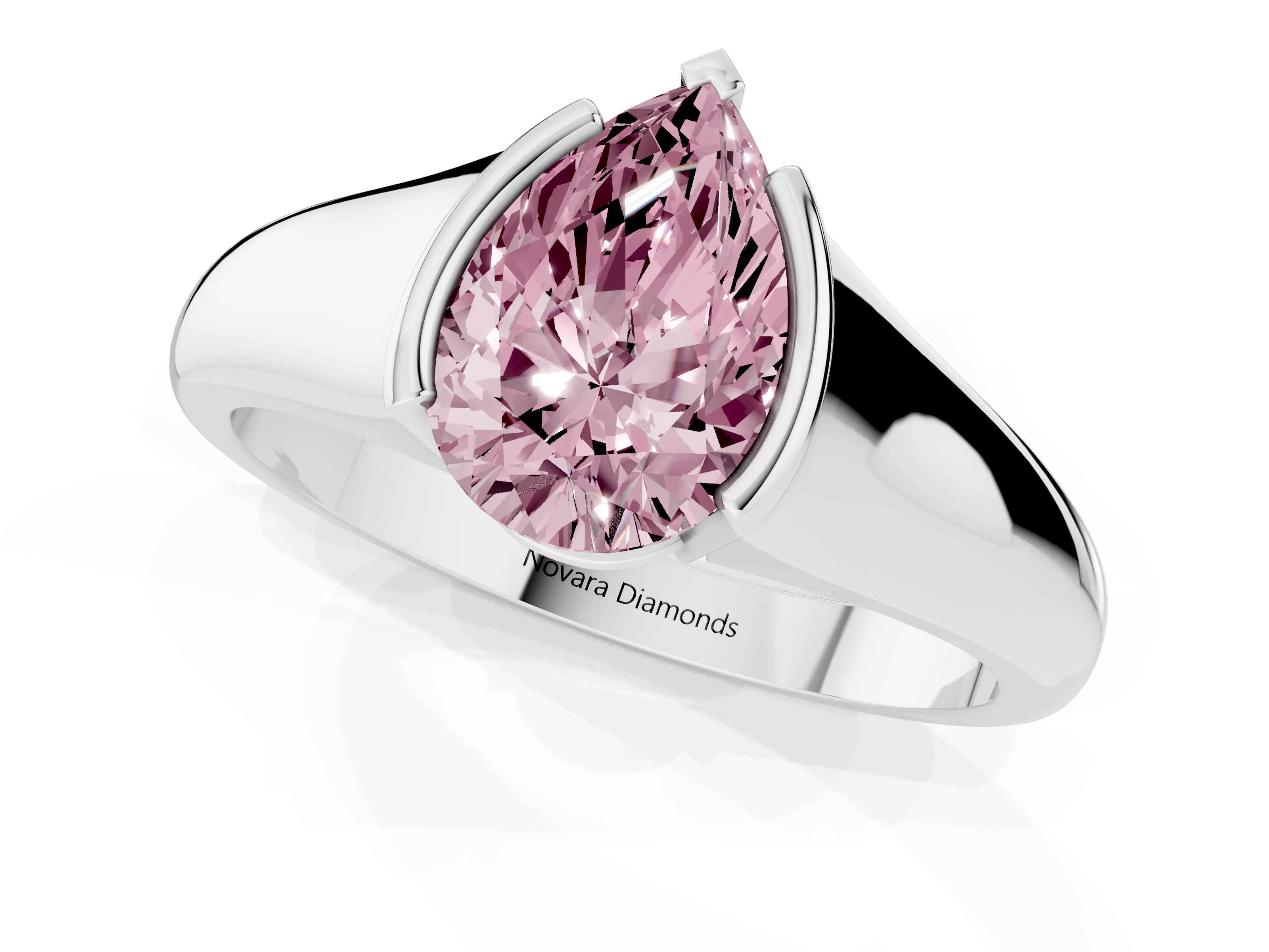 Fancy Pink Pear Cut Diamond Solitaire Tension Set Ring Set in Platinum with Split Shank Band