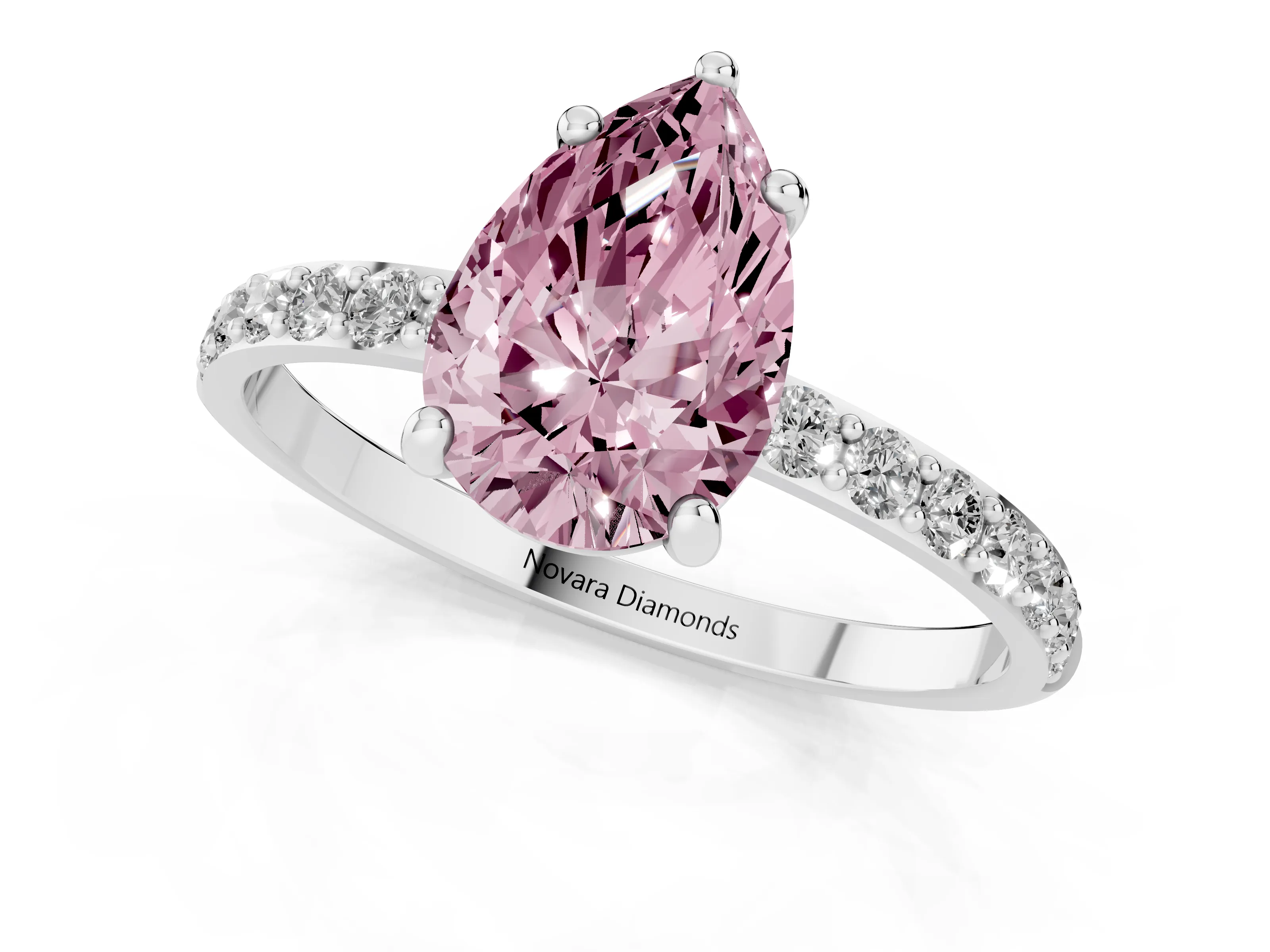 Fancy Pink Pear Cut Diamond Solitaire Ring Set in Platinum with Round Pavé Band and Prong Setting