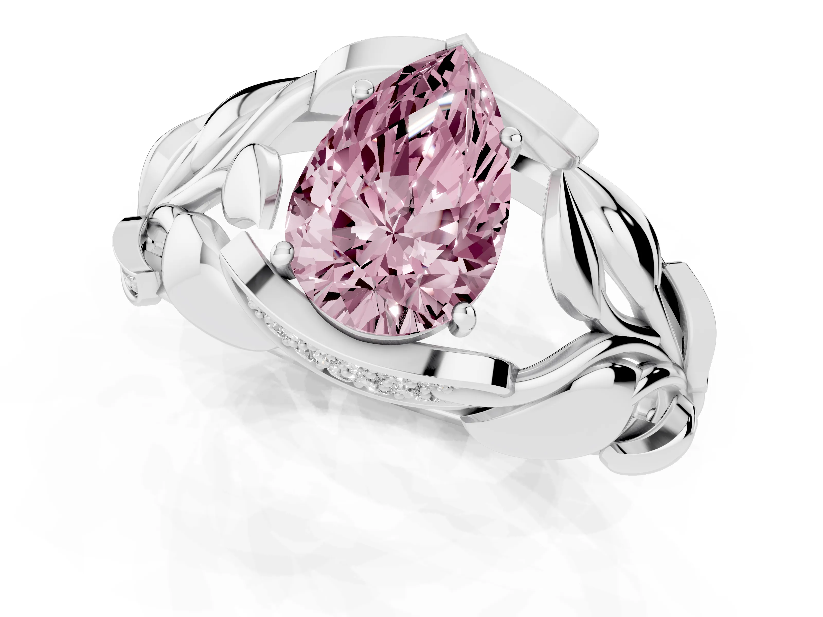 Fancy Pink Pear Cut Diamond Leaf-Inspired Engagement Ring Set in Platinum with Round Accents – second view