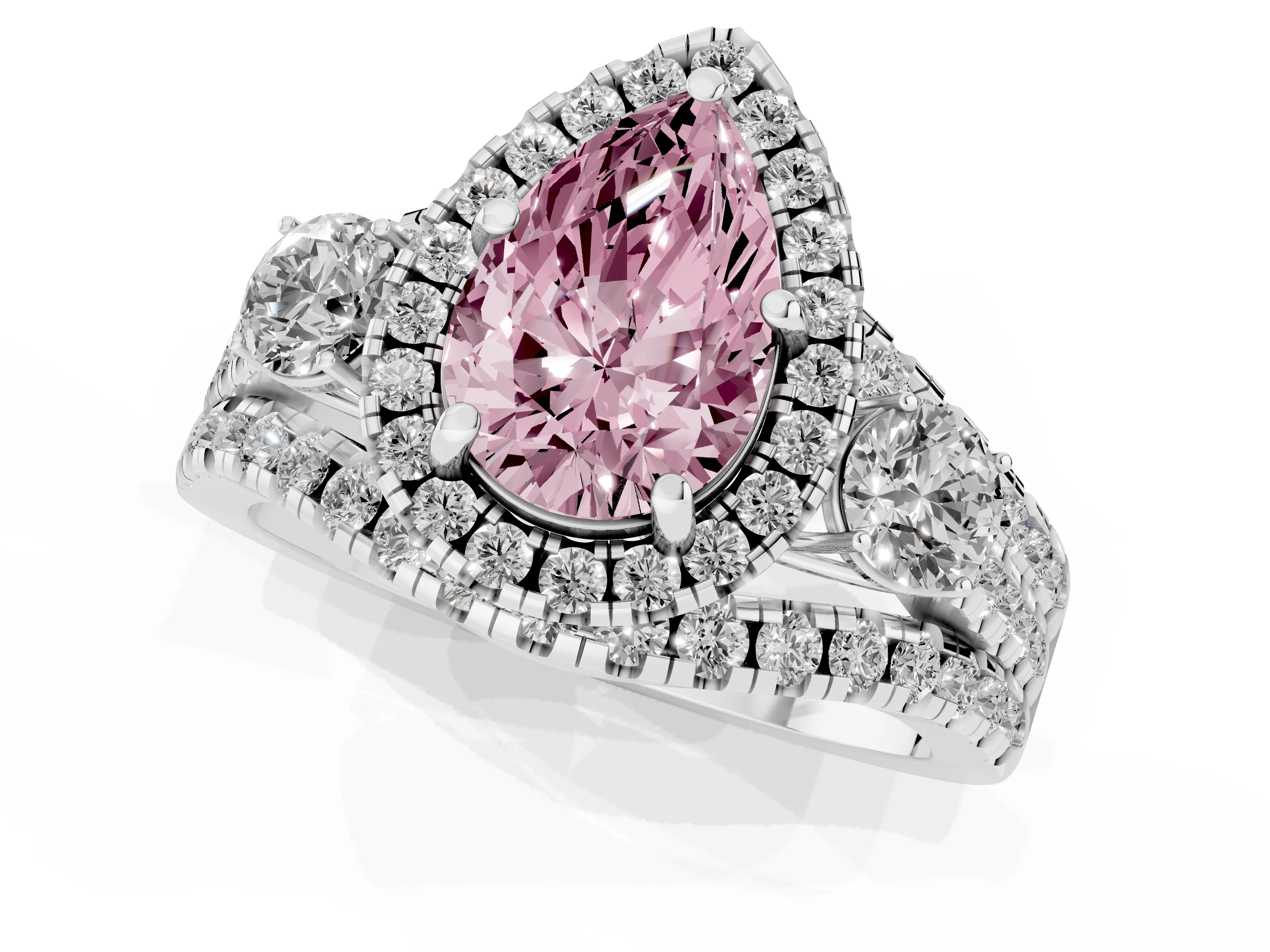 Fancy Pink Pear Cut Diamond Halo Split Shank Ring Set in White gold with Round Accent Stones and Prong Setting