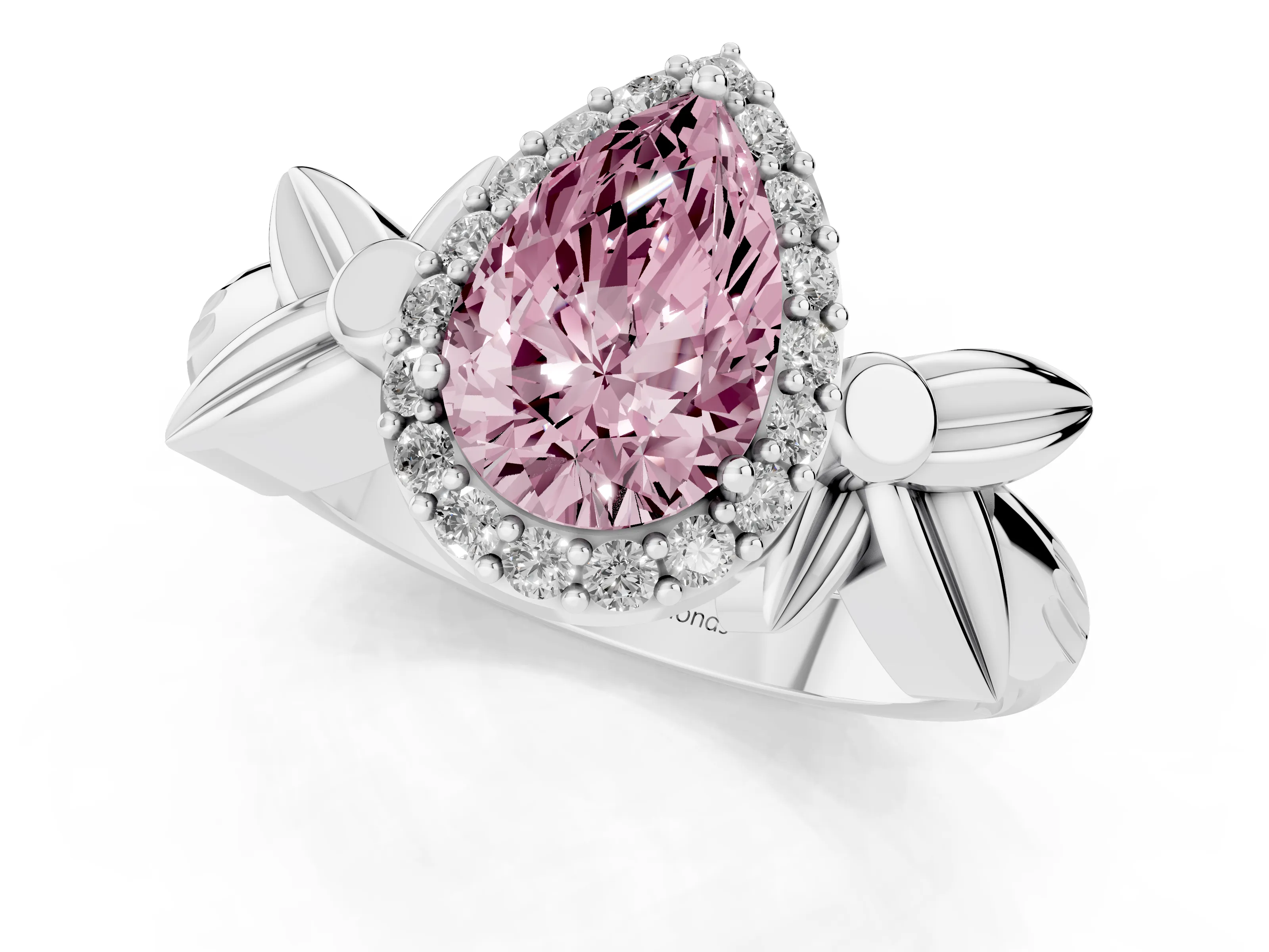 Fancy Pink Pear Cut Diamond Halo Floral Band Ring Set in Platinum with Prong Setting