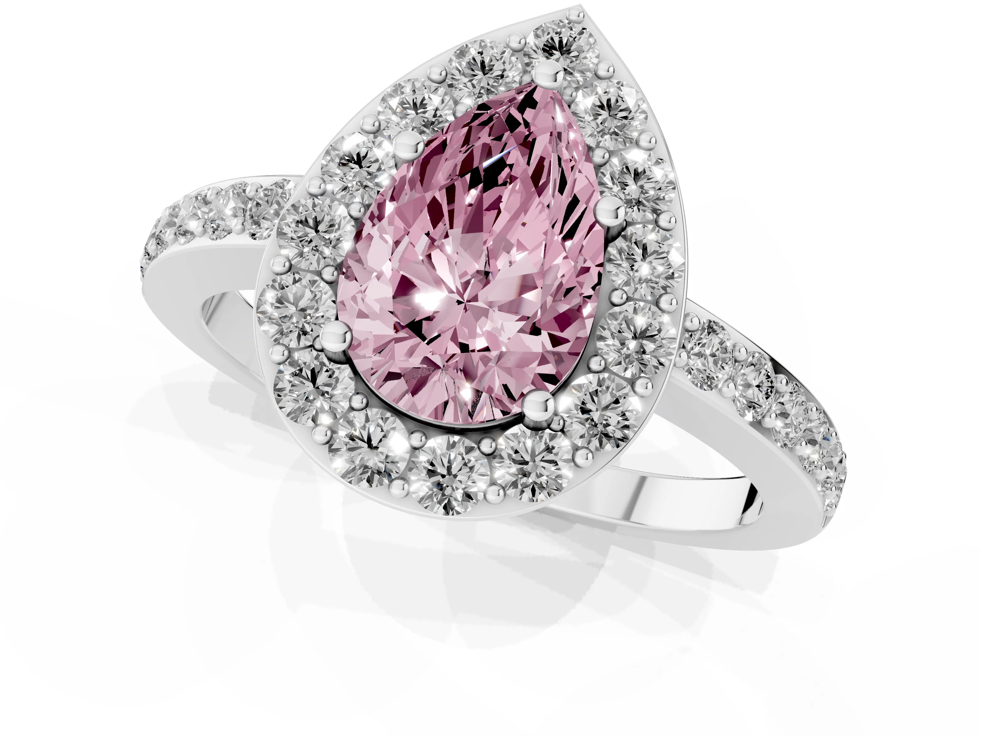 Fancy Pink Pear Cut Diamond Halo Ring Set in Platinum with Pavé-Setting Band and Open Prong Center