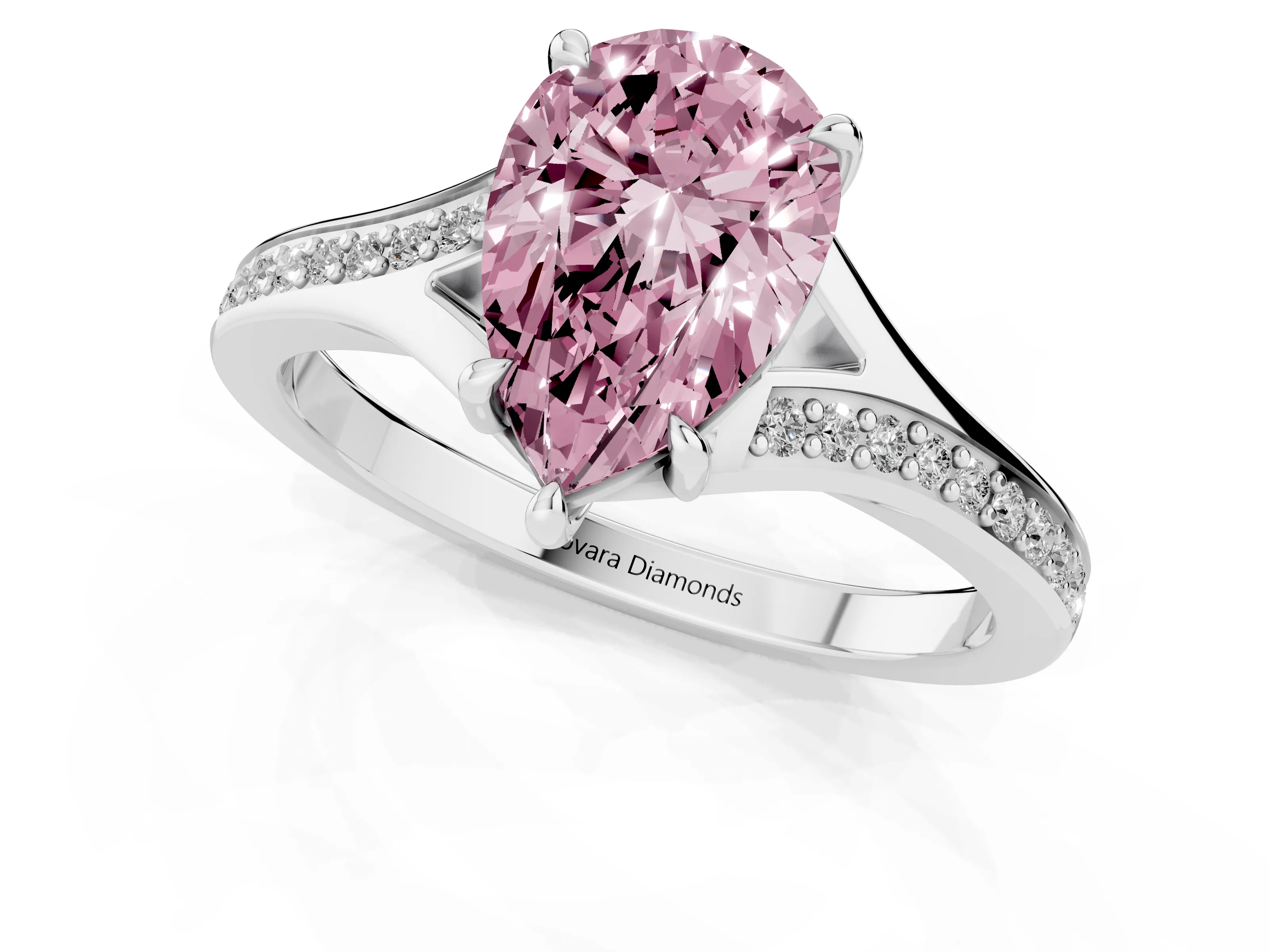 Fancy Pink Pear Cut Diamond Solitaire Ring Set in Platinum with Pavé Accent Band and Classic Prong Setting