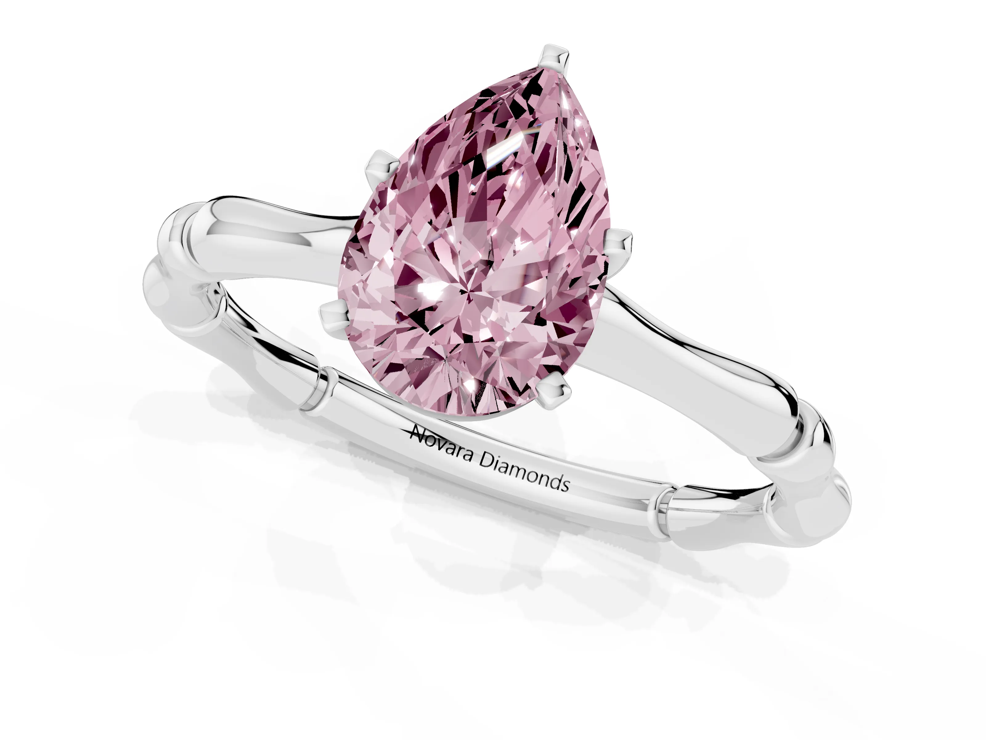 Fancy Pink Pear Cut Diamond Solitaire Ring Set in Platinum with Bamboo Band and Prong Setting