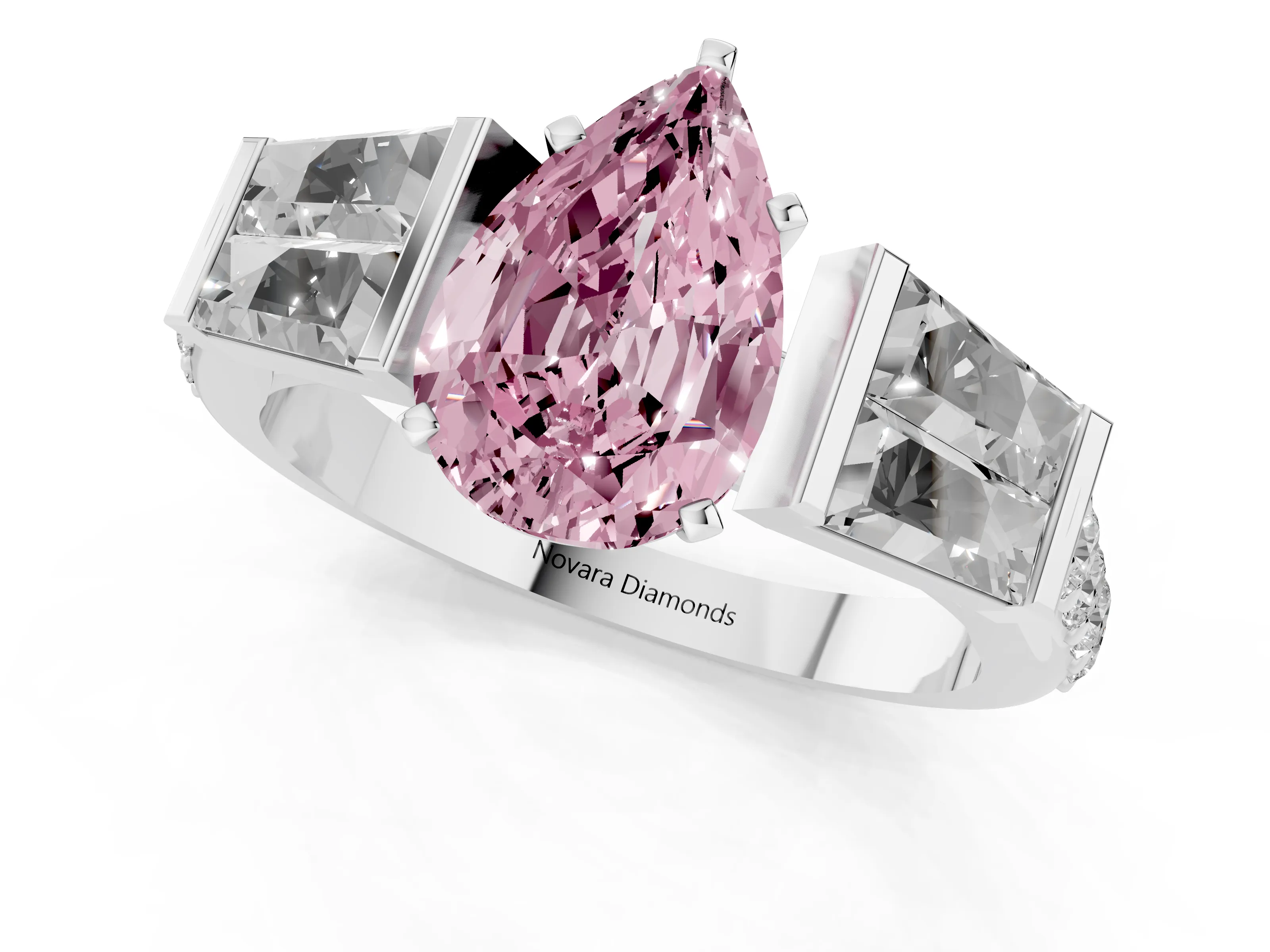 Fancy Pink Pear Cut Diamond Engagement Ring Set in White gold with Baguette Side Stones and Channel Set Band