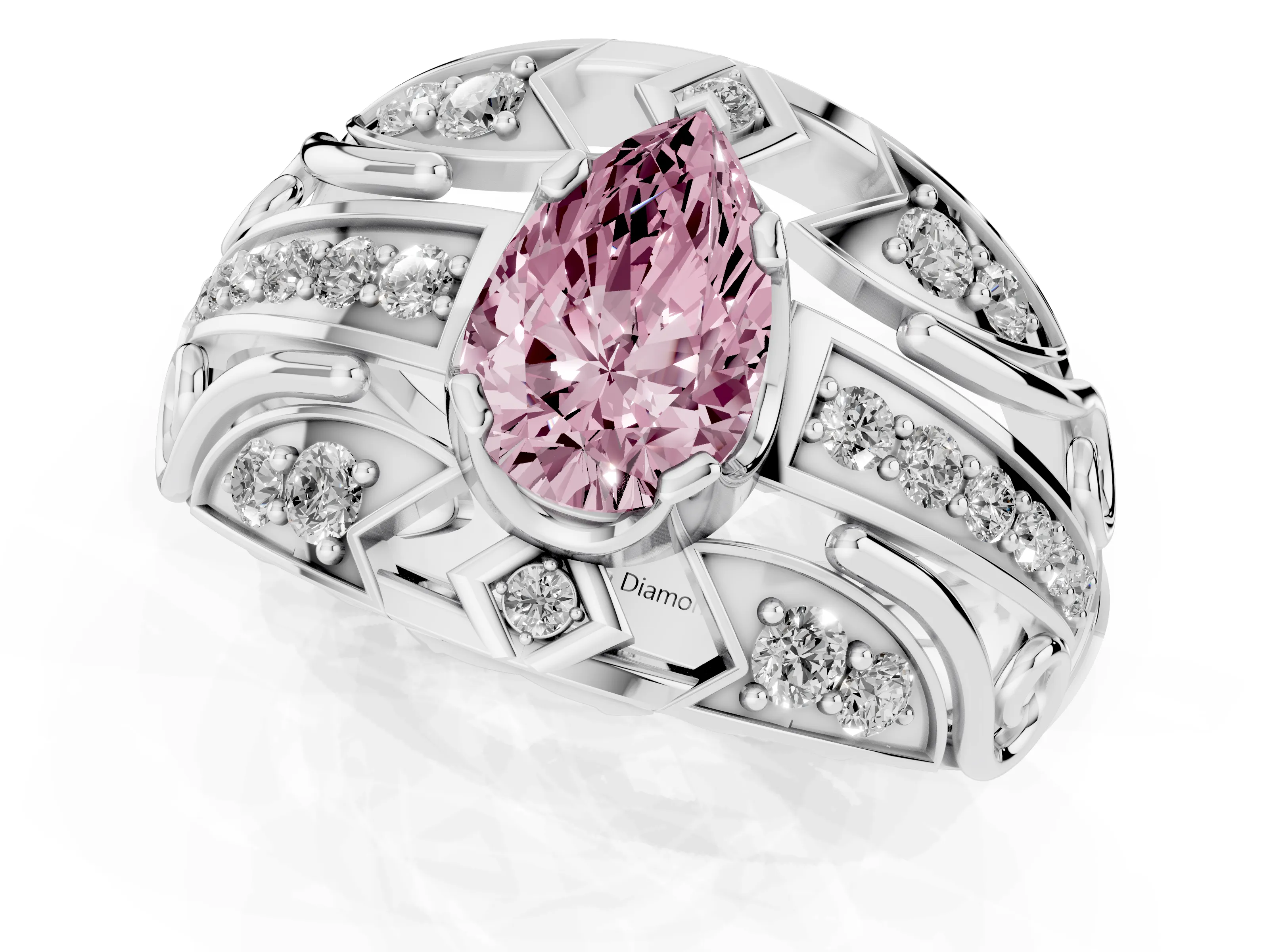 Fancy Pink Pear Cut Diamond Art Deco Ring Set in Platinum with Pavé Split Shank