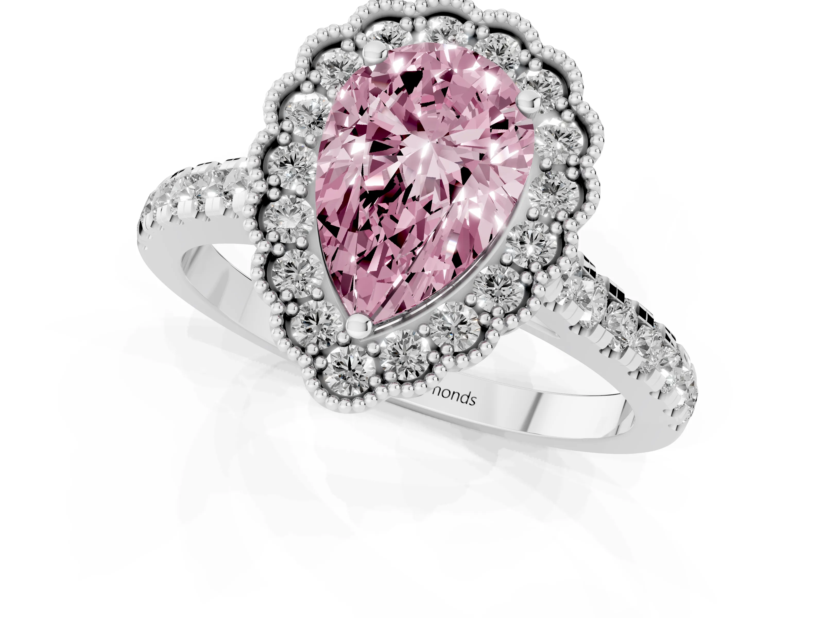 Fancy Pink Pear Cut Diamond Milgrain Floral Halo Engagement Ring Set in Silver with Pavé Band