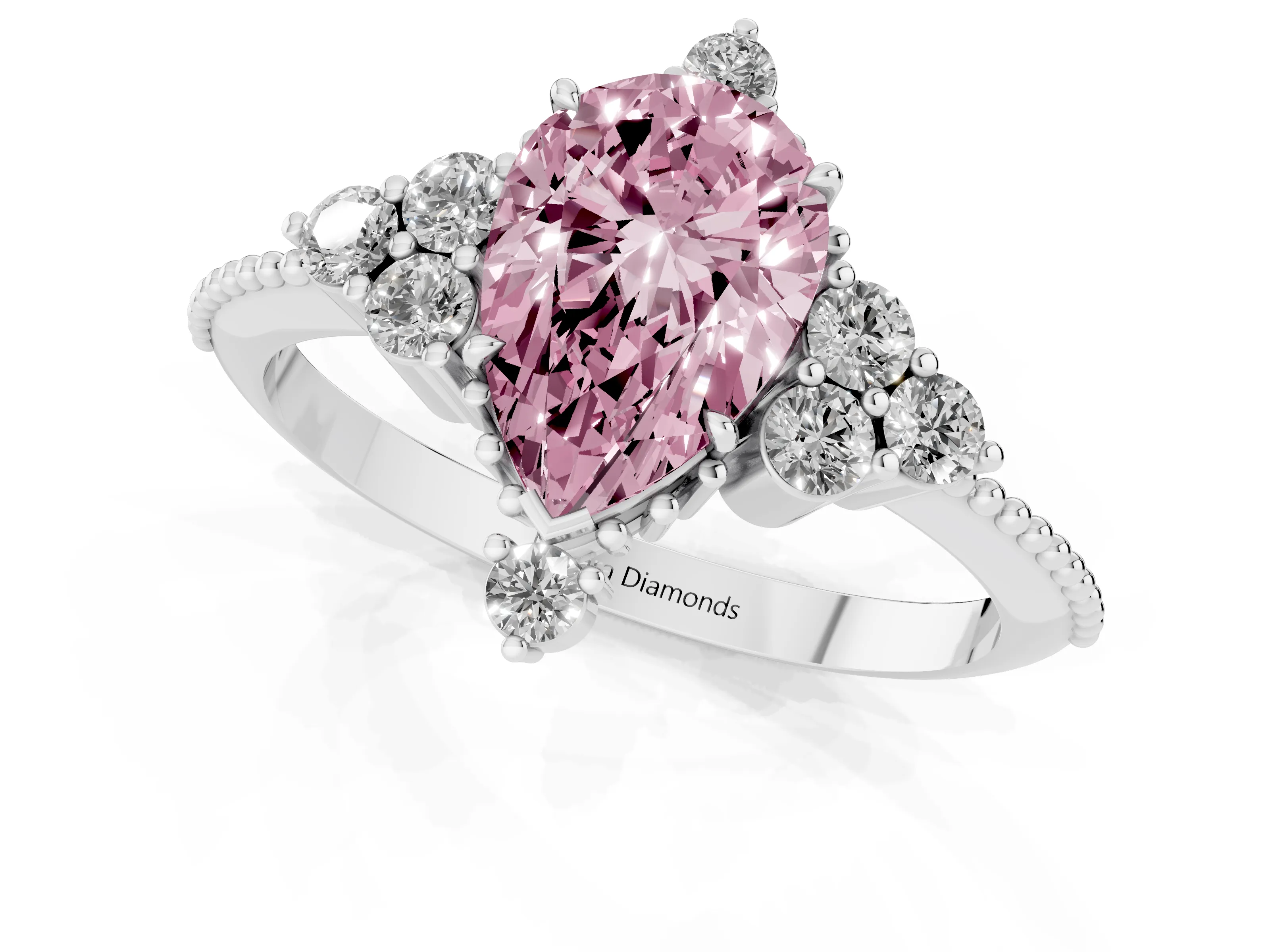 Fancy Pink Pear Cut Diamond Cluster Ring Set in Silver with Beaded Band