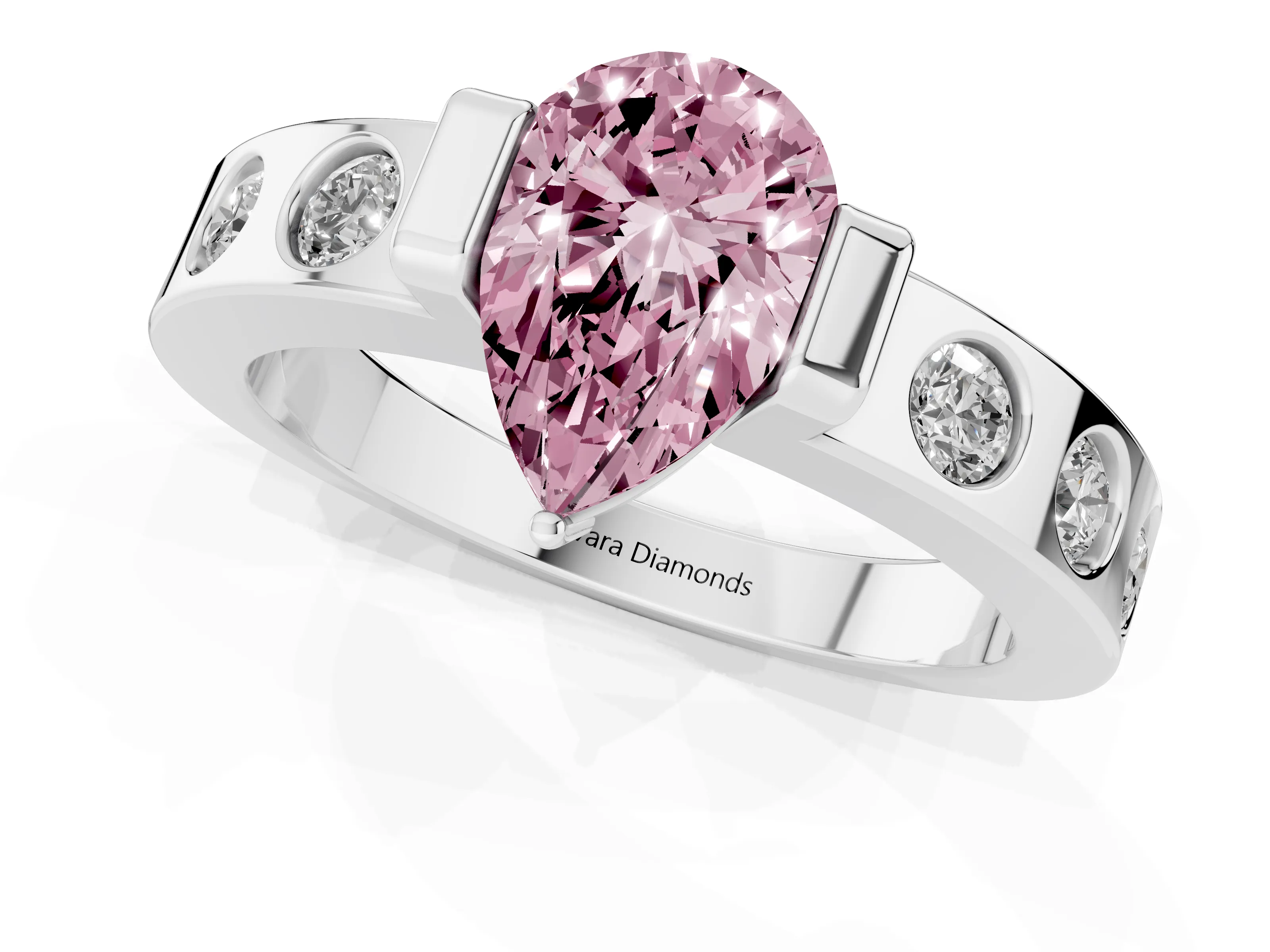 Fancy Pink Pear Cut Diamond Channel-Set Band Ring Set in Silver with Bezel Prong Setting