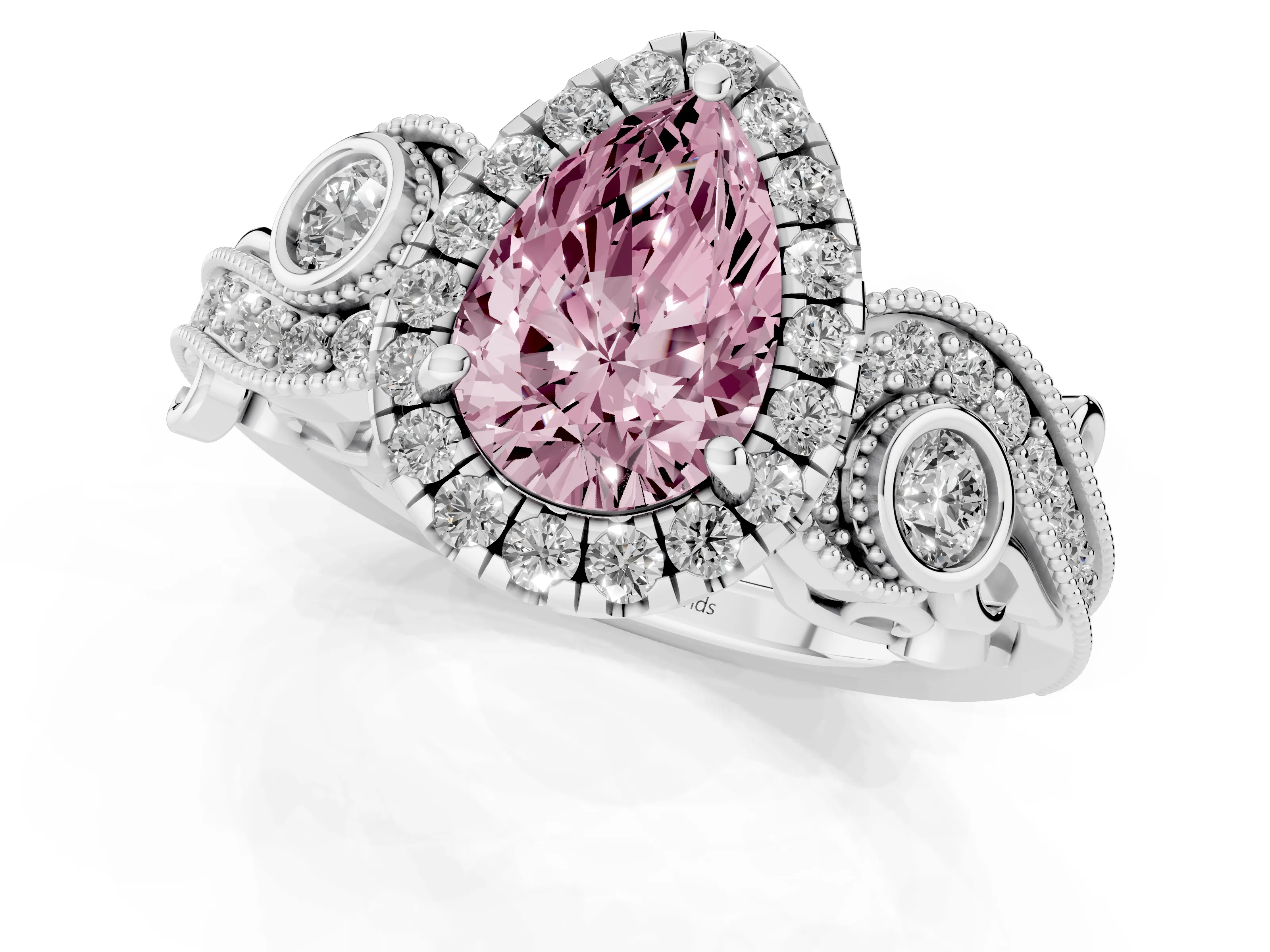 Fancy Pink Pear Cut Diamond Halo Ring Set in Silver with Milgrain Pavé Band and Prong Setting