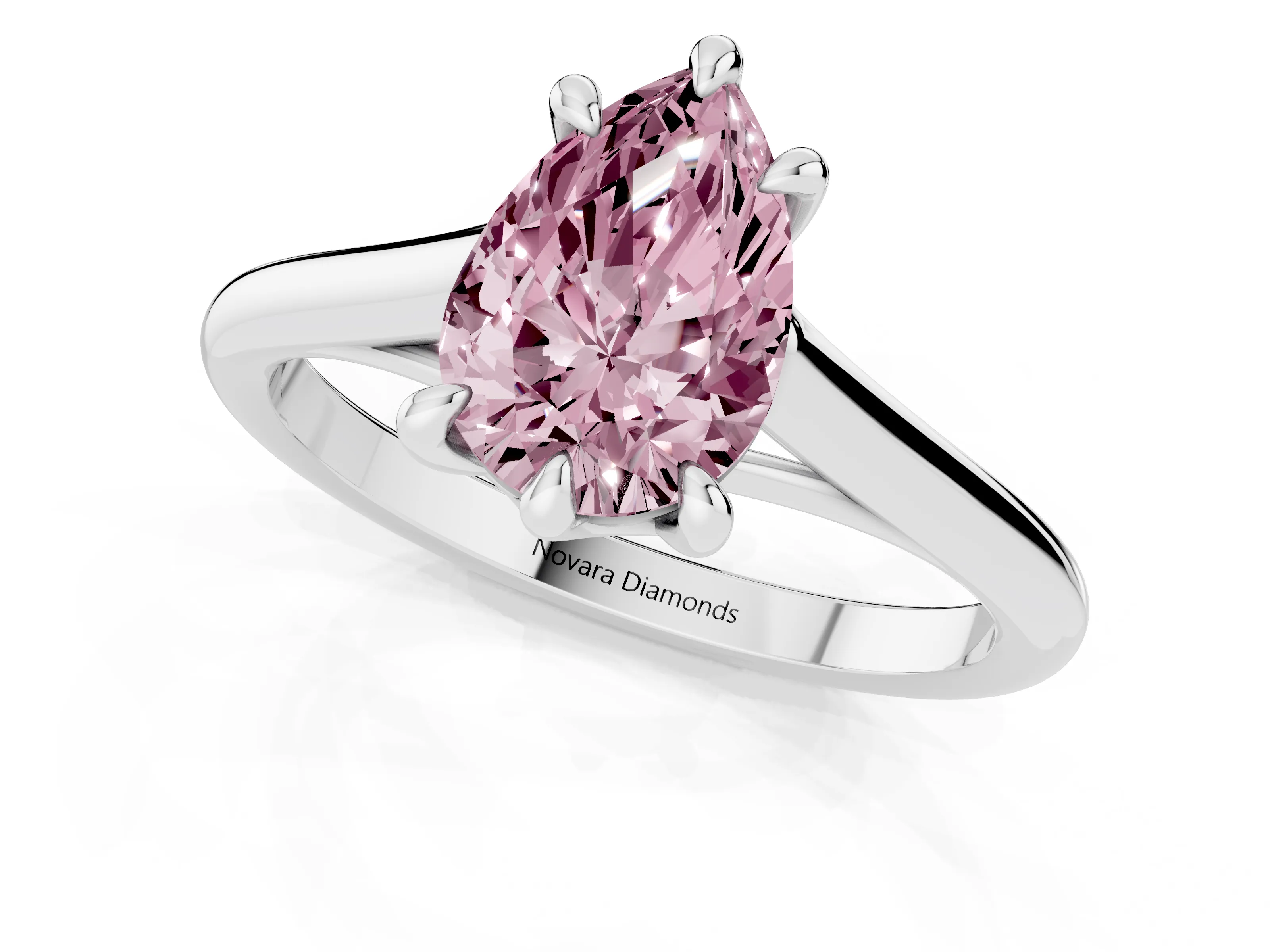 Fancy Pink Pear Cut Diamond Solitaire Engagement Ring Set in Platinum with Prong Setting and Plain Classic Band