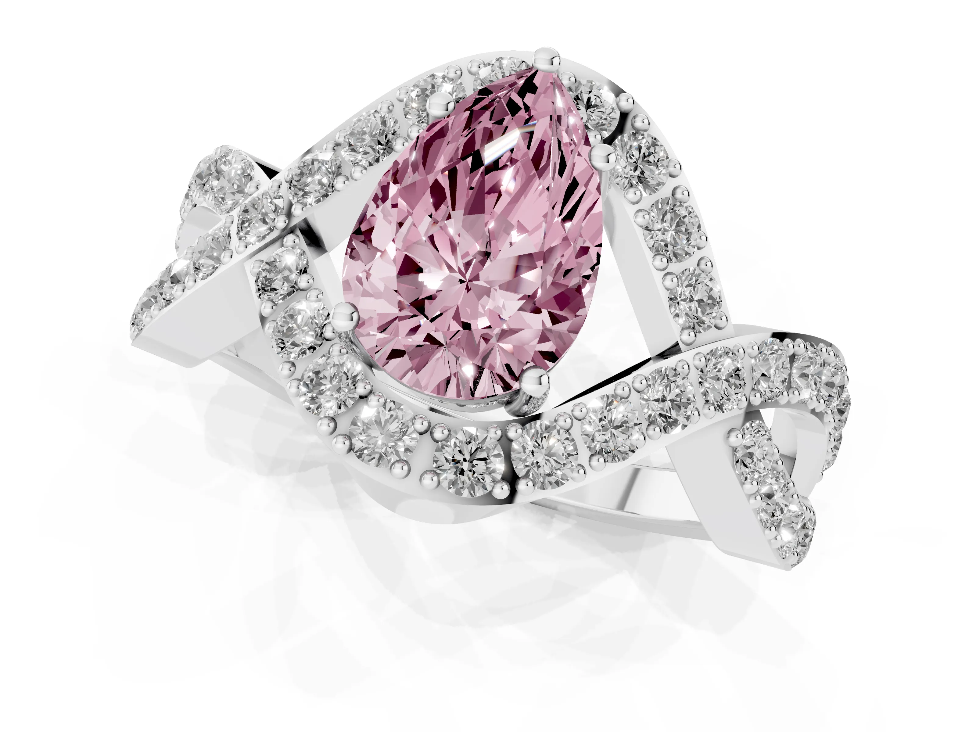 Fancy Pink Pear Cut Diamond Solitaire Twist Band Pavé Engagement Ring Set in Silver