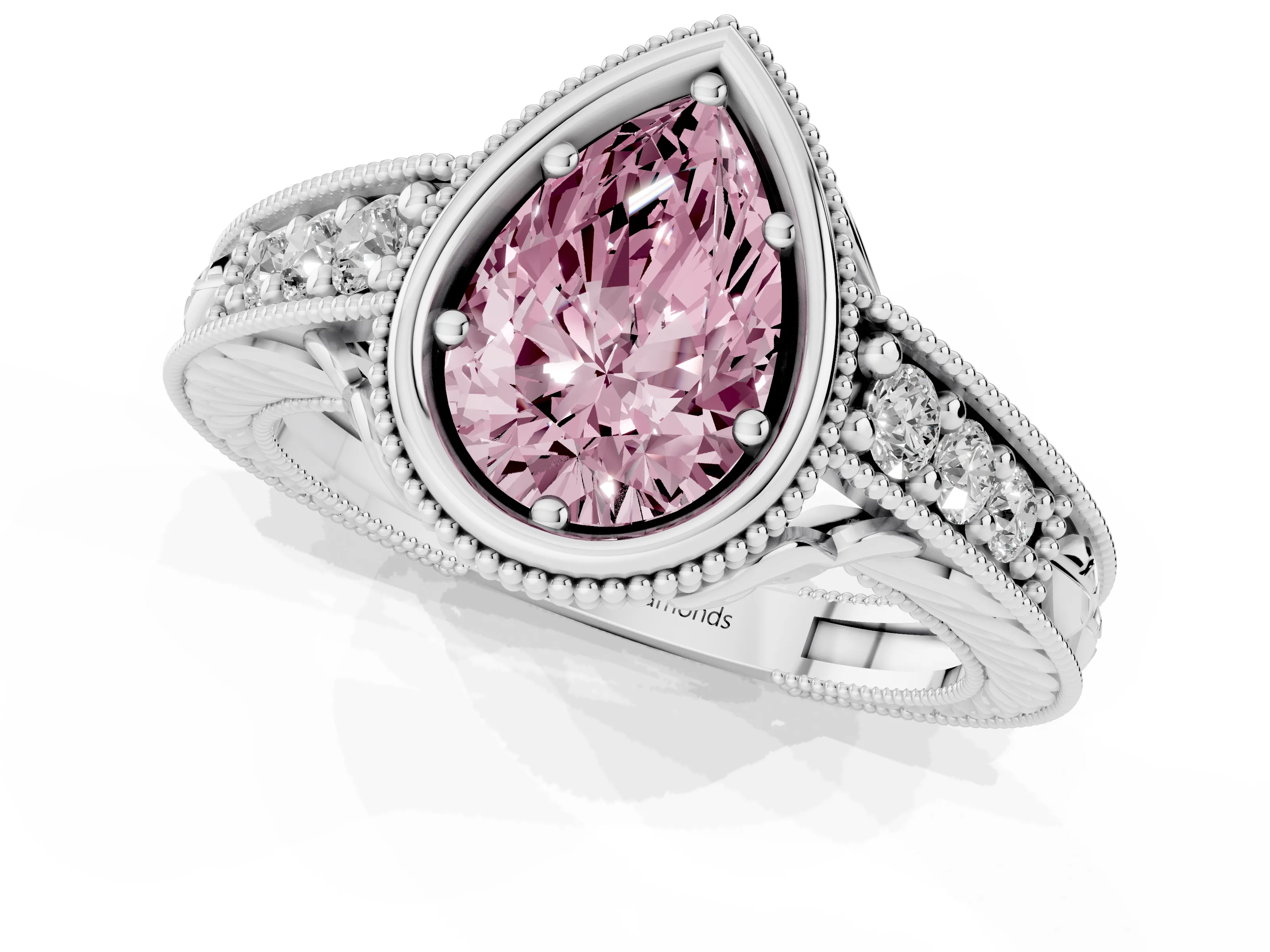 Fancy Pink Bezel Set Pear Cut Diamond Milgrain Pavé Engagement Ring Set in Silver