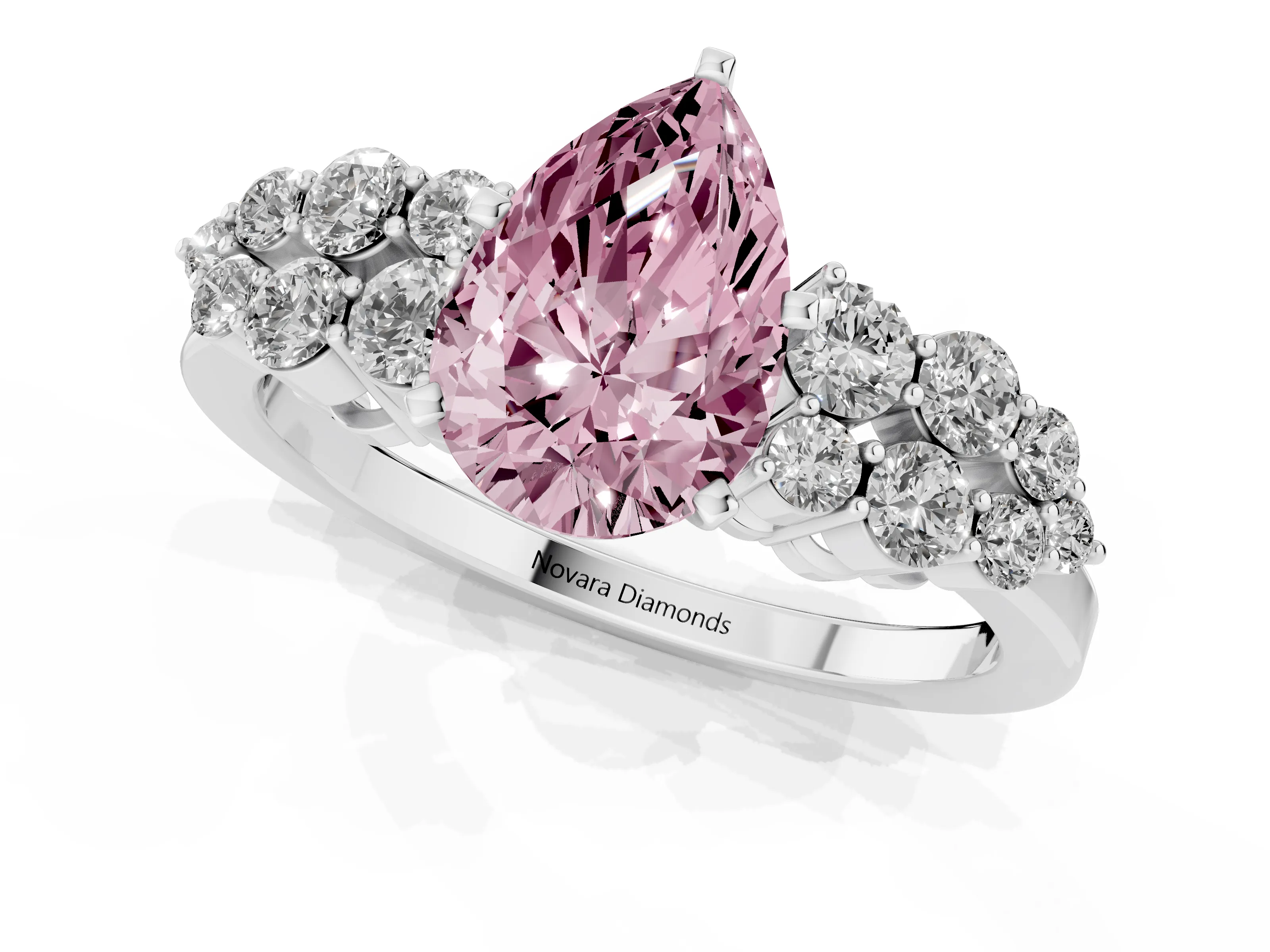 Fancy Pink Pear Cut Diamond Cluster Engagement Ring Set in Silver with Pavé Band and Prong Setting