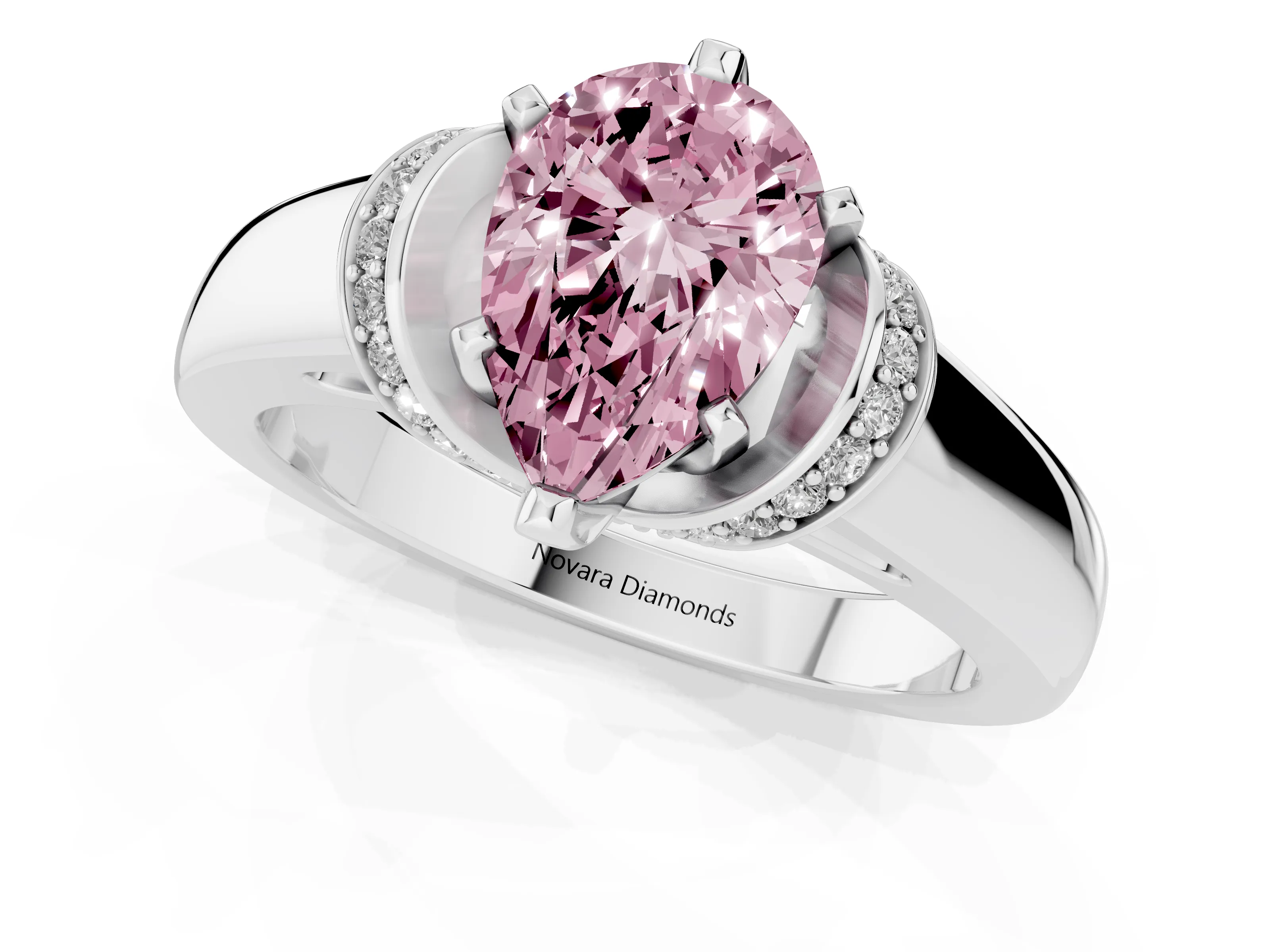 Fancy Pink Pear Cut Diamond Pavé Band Solitaire Ring Set in Silver with Prong Setting