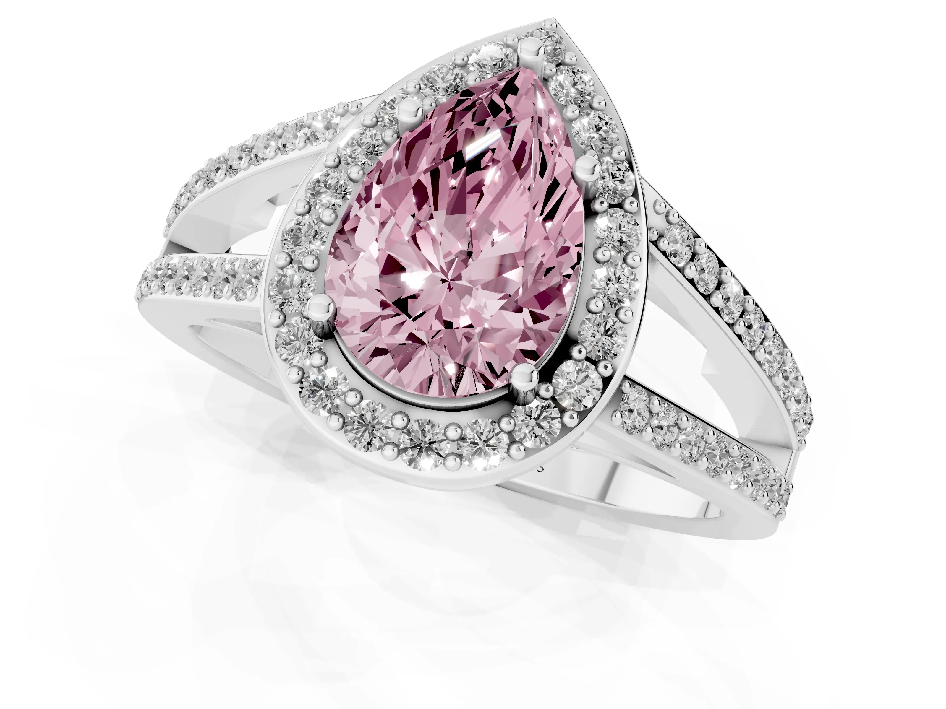 Fancy Pink Pear Cut Diamond Halo Ring Set in Platinum with U-Prong Split Shank and Prong Setting – second view