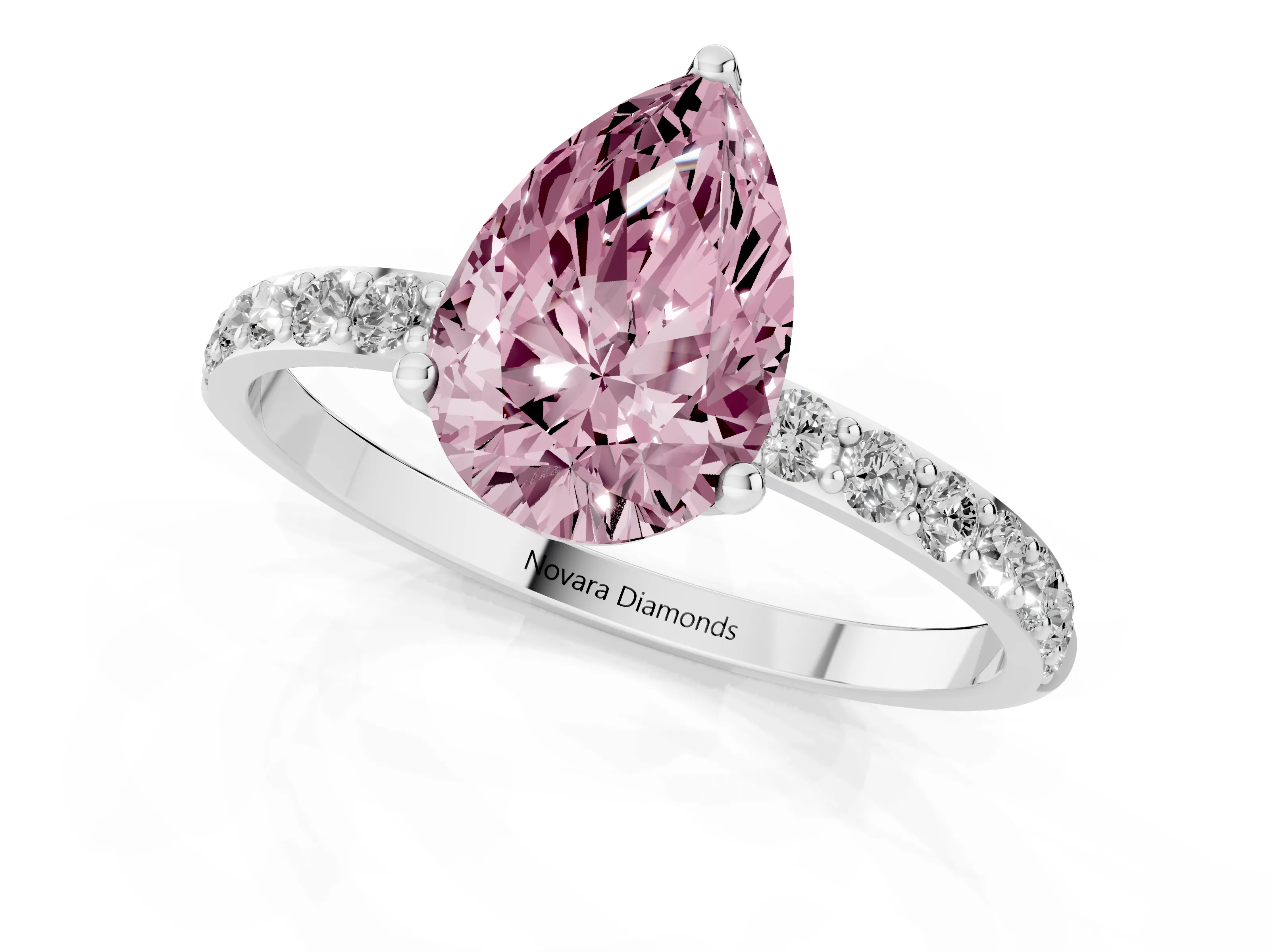 Fancy Pink Pear Cut Diamond Solitaire Engagement Ring Set in Silver with Round Pavé Band and Prong Setting